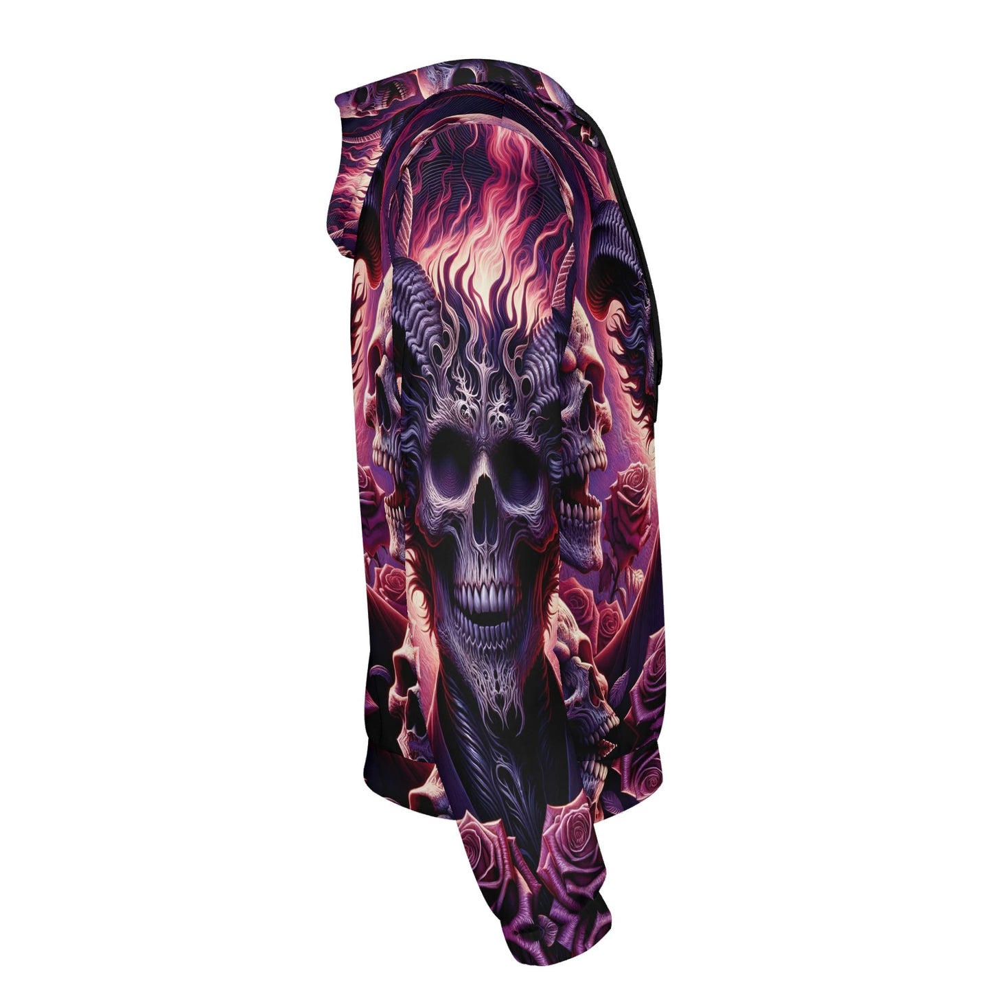 Harbinger of Surreal Defiance Poly French Terry hoodie with fiery skull and dark surreal art design
