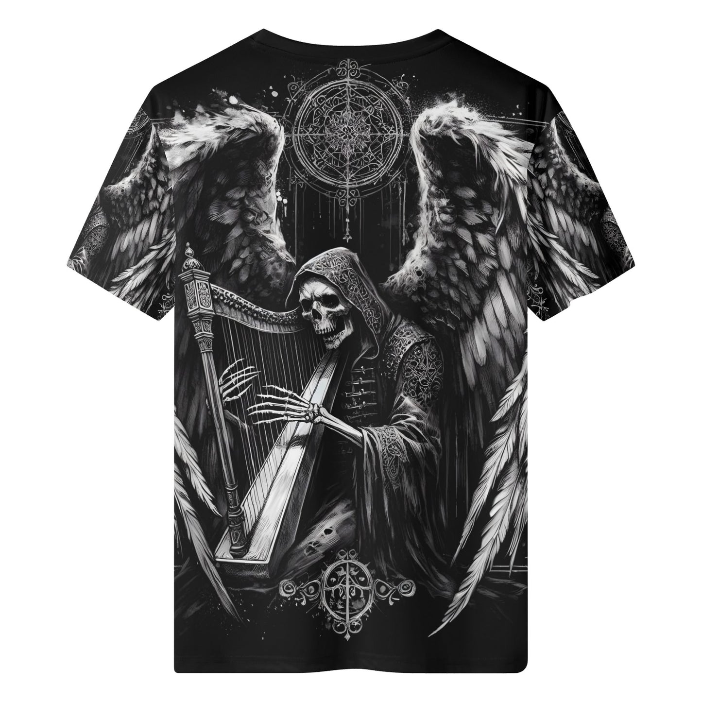 Harp of Shadows 100 Cottton T-Shirt featuring dark angel skeleton playing harp with detailed wings design