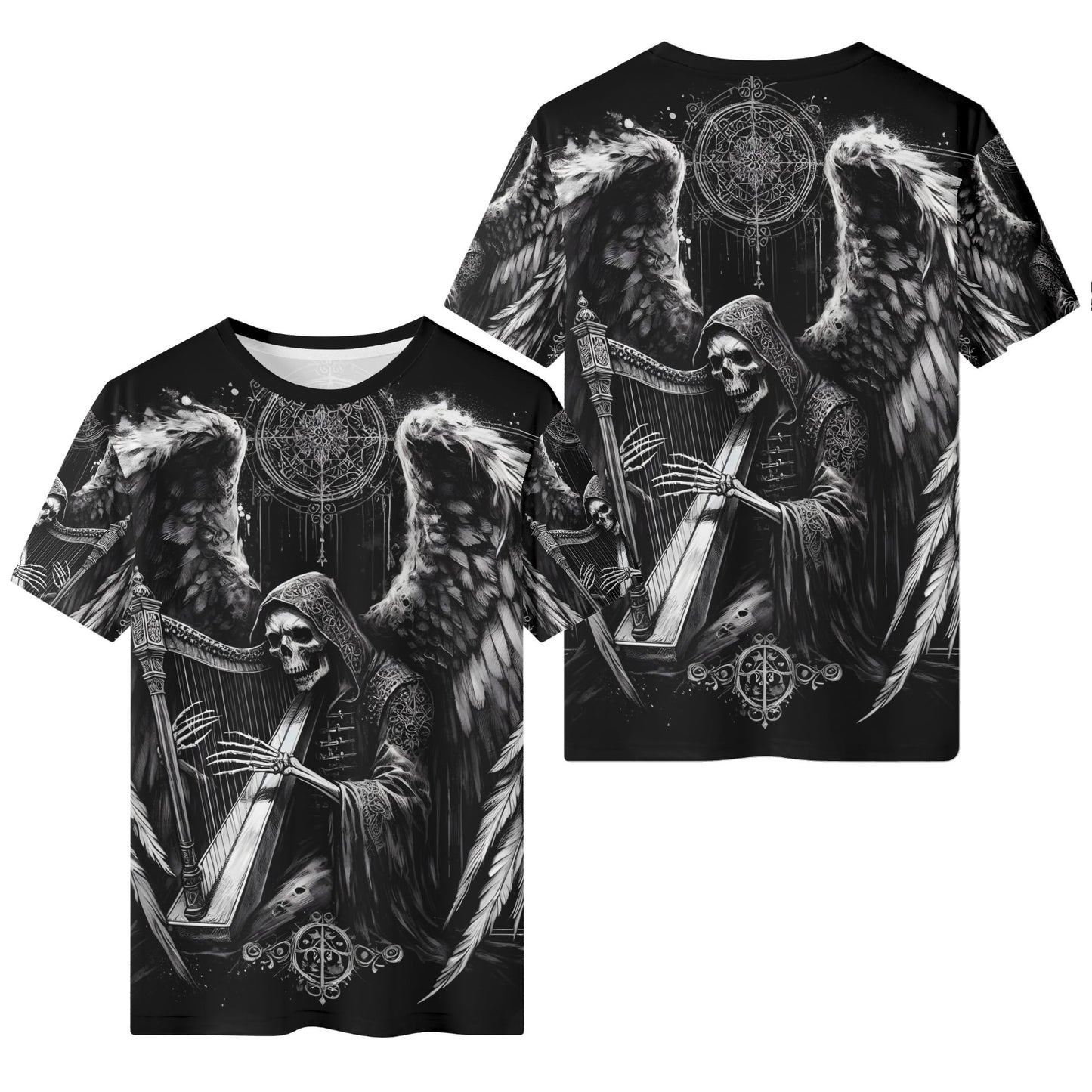 Harp of Shadows 100 Cottton T-Shirt by Loud and Lethal featuring a dark skeletal angel playing a harp with wings and mystical symbols