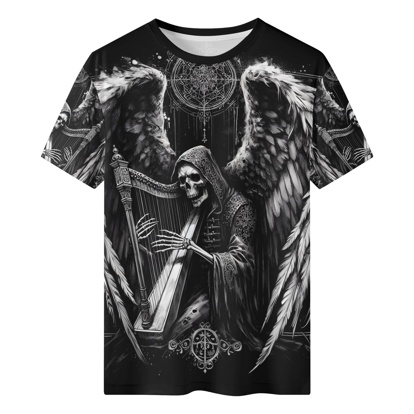 Loud and Lethal Harp of Shadows 100 Cottton T-Shirt featuring a dark skeletal angel playing a harp with detailed wings