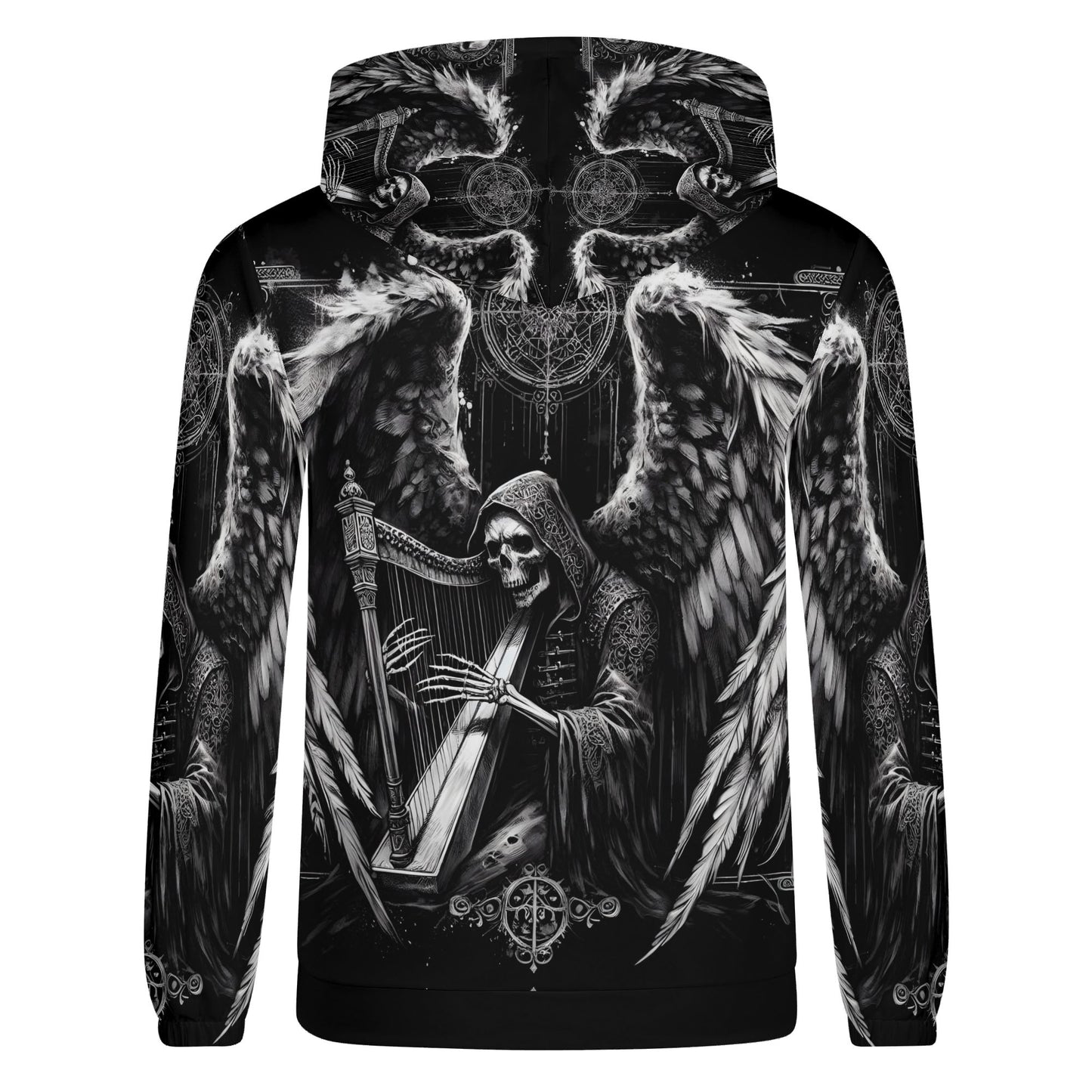 Harp of Shadows gothic cotton terry hoodie featuring a dark winged skeleton playing a harp design