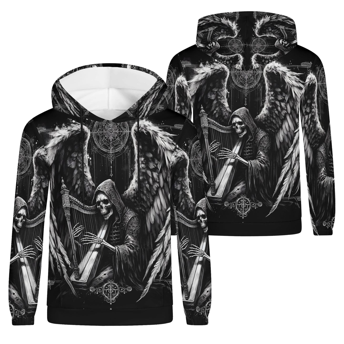 Harp of Shadows gothic cotton terry hoodie by Loud and Lethal featuring a grim reaper with wings playing a harp