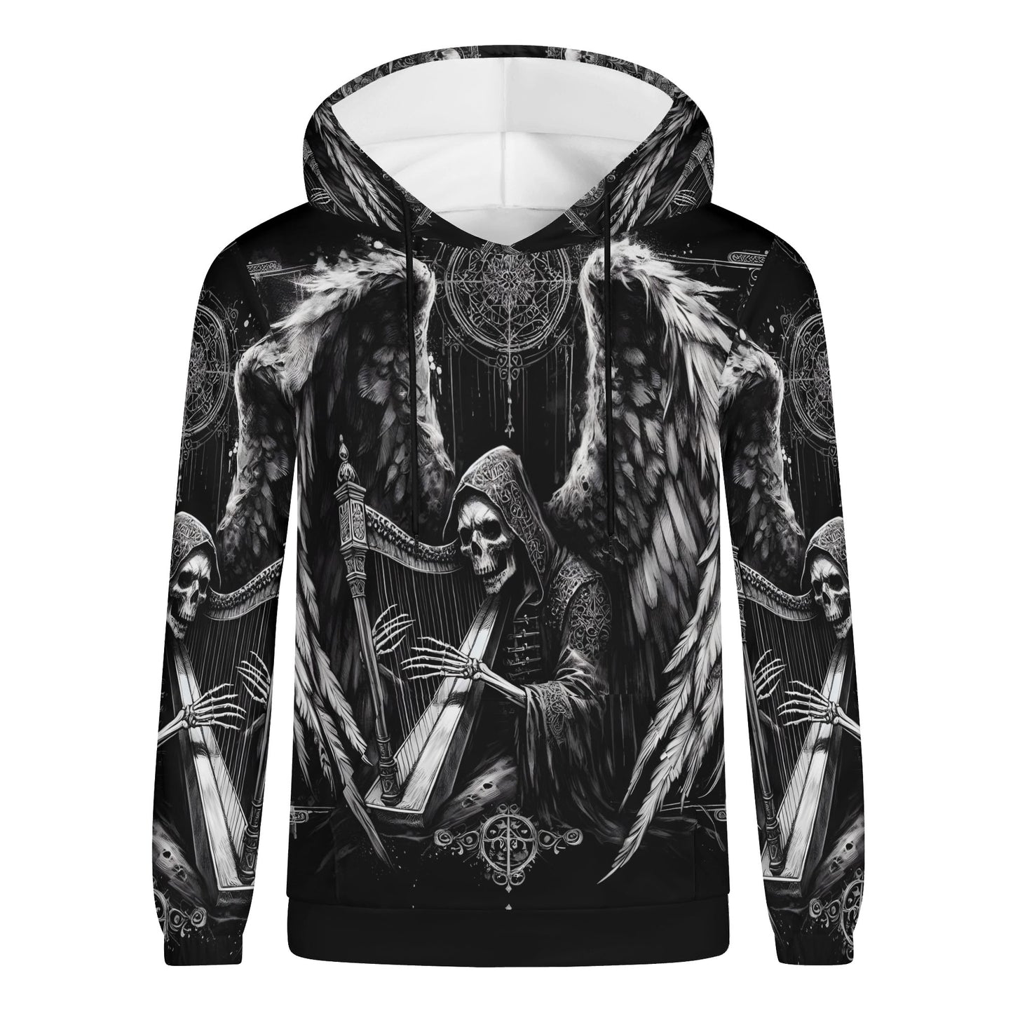 Harp of Shadows gothic cotton terry hoodie with black and white angel skeleton playing harp design