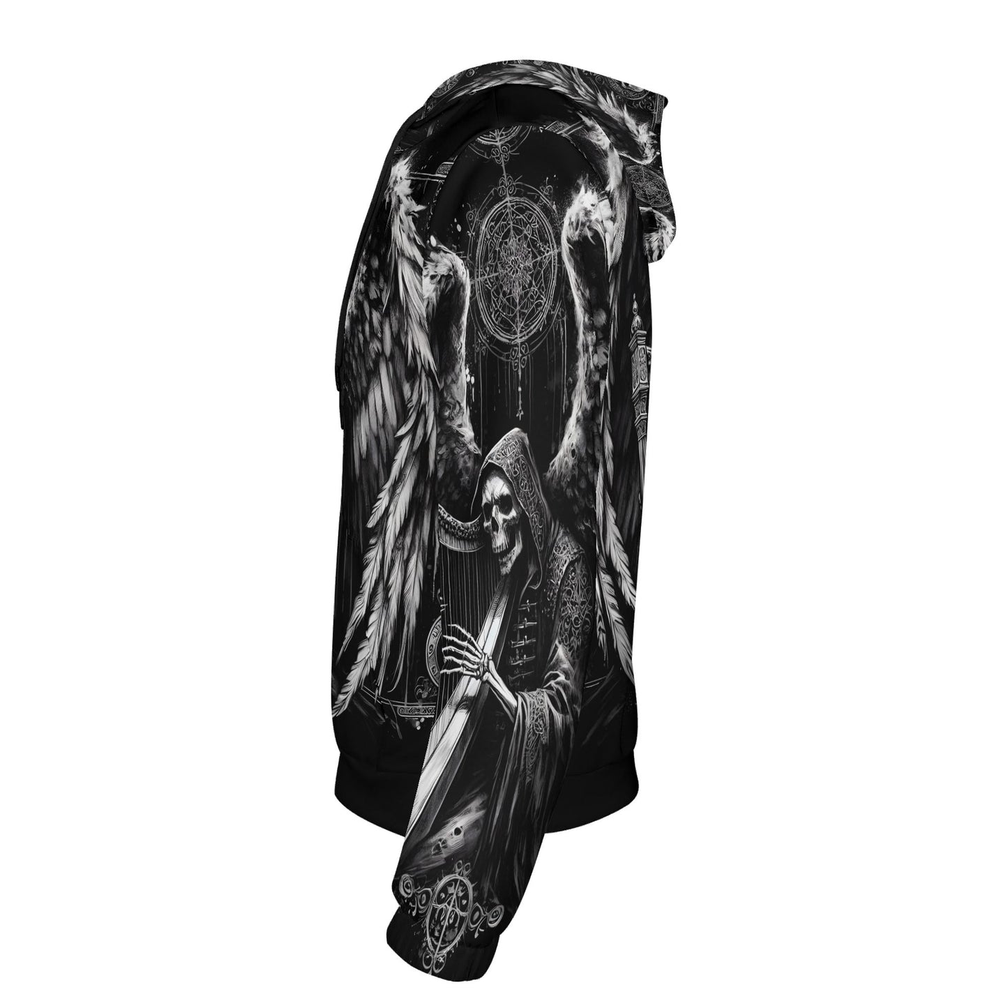 Harp of Shadows gothic cotton terry hoodie by Loud and Lethal with dark angel and skeleton design