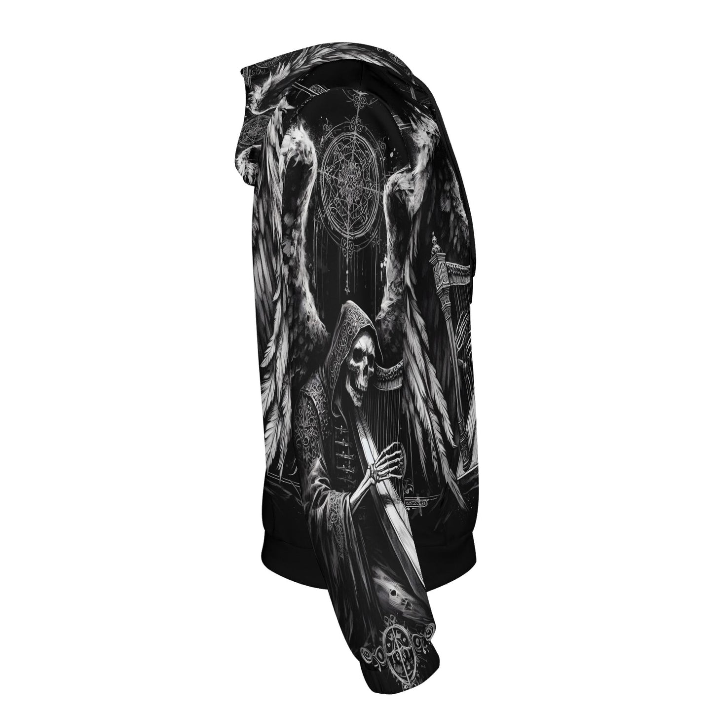 Loud and Lethal Harp of Shadows gothic cotton terry hoodie with dark angel and skeletal design