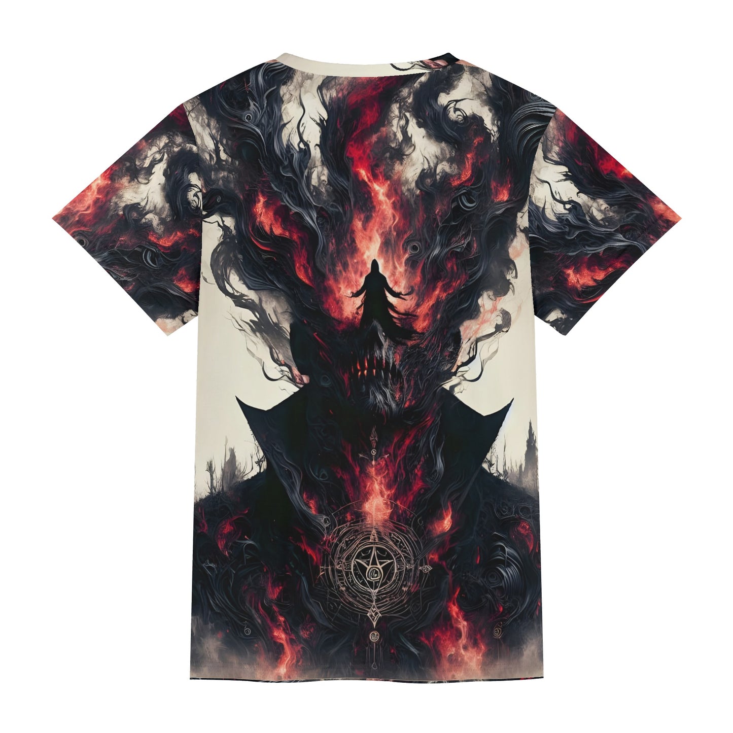 Back view of Loud and Lethal Heretics Embrace Lycra T-Shirt featuring dark fiery graphic design