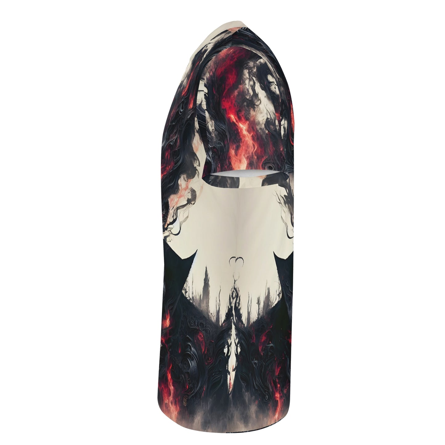 Side view of Loud and Lethal Heretics Embrace Lycra T-Shirt with dark fiery skull design