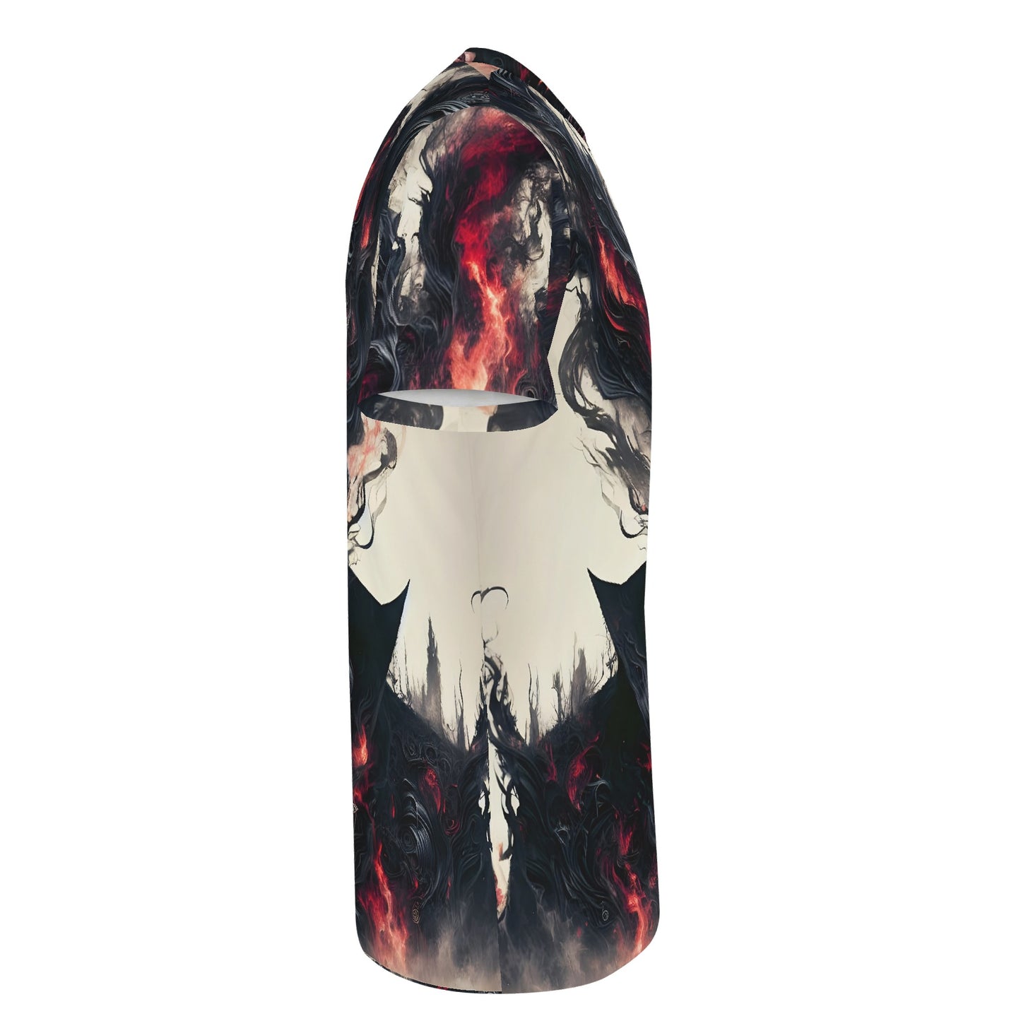Side view of Loud and Lethal Heretics Embrace Lycra T-Shirt with dark fiery abstract design on unisex fit