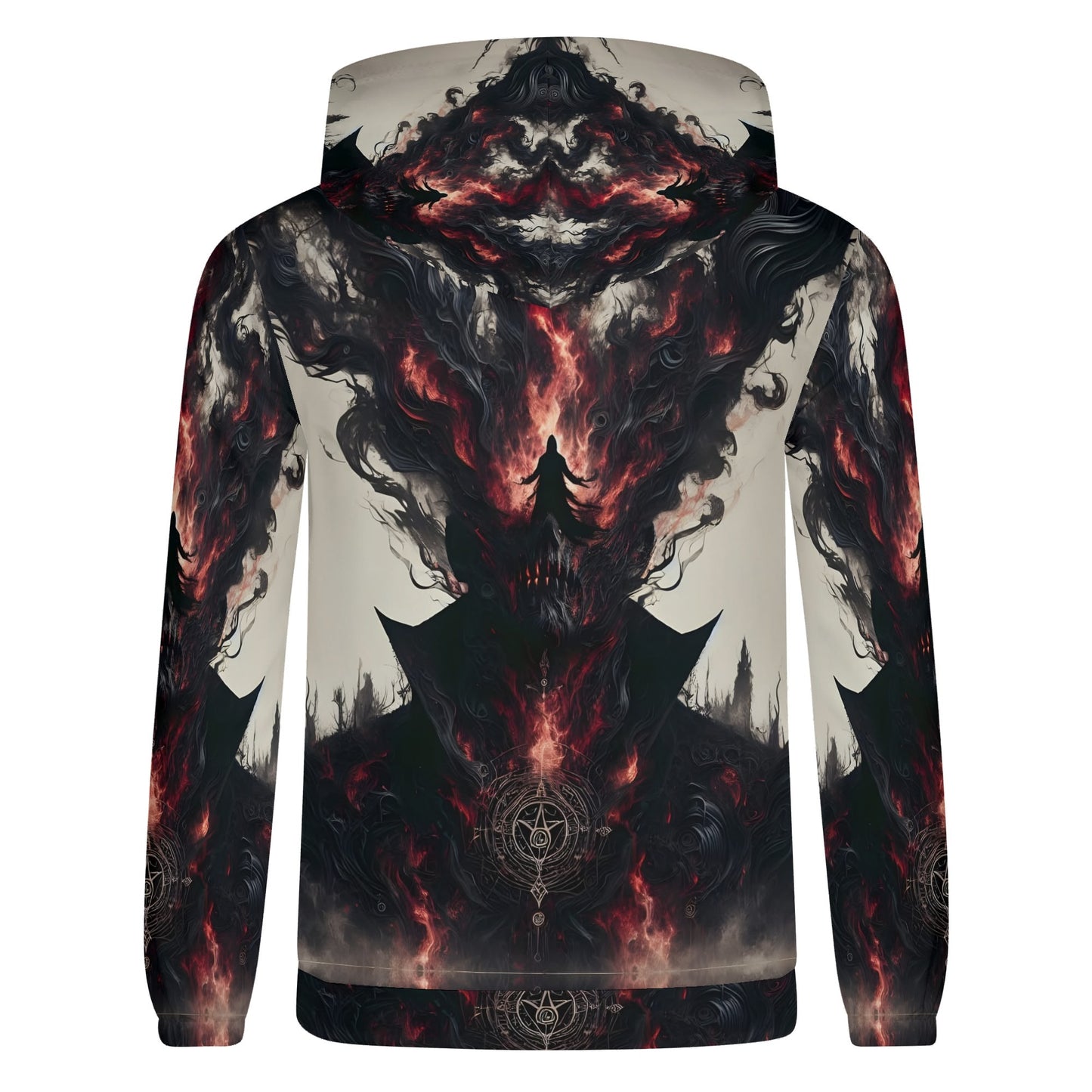 Back view of Loud and Lethal Heretics Embrace Poly French Terry hoodie with dark fiery graphic design