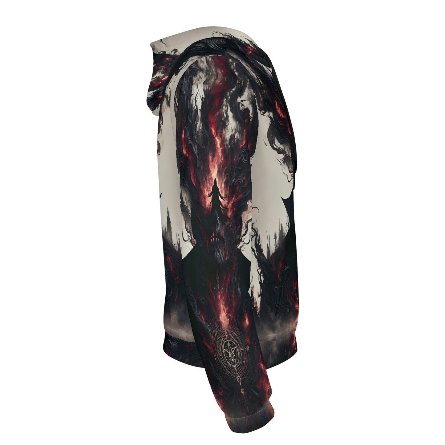 Heretics Embrace Poly French Terry hoodie by Loud and Lethal with dark fiery abstract design in unisex style