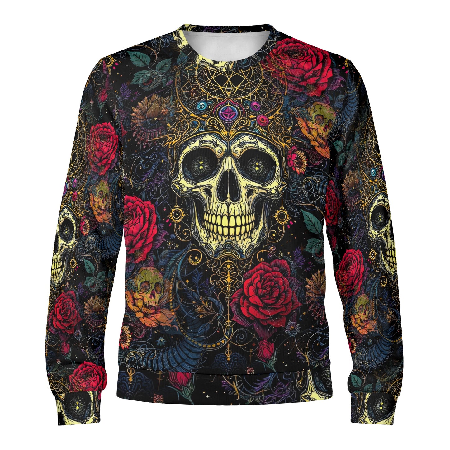 Loud and Lethal Infernal Bloom Poly French Terry Sweatshirt unisex skull and rose allover print