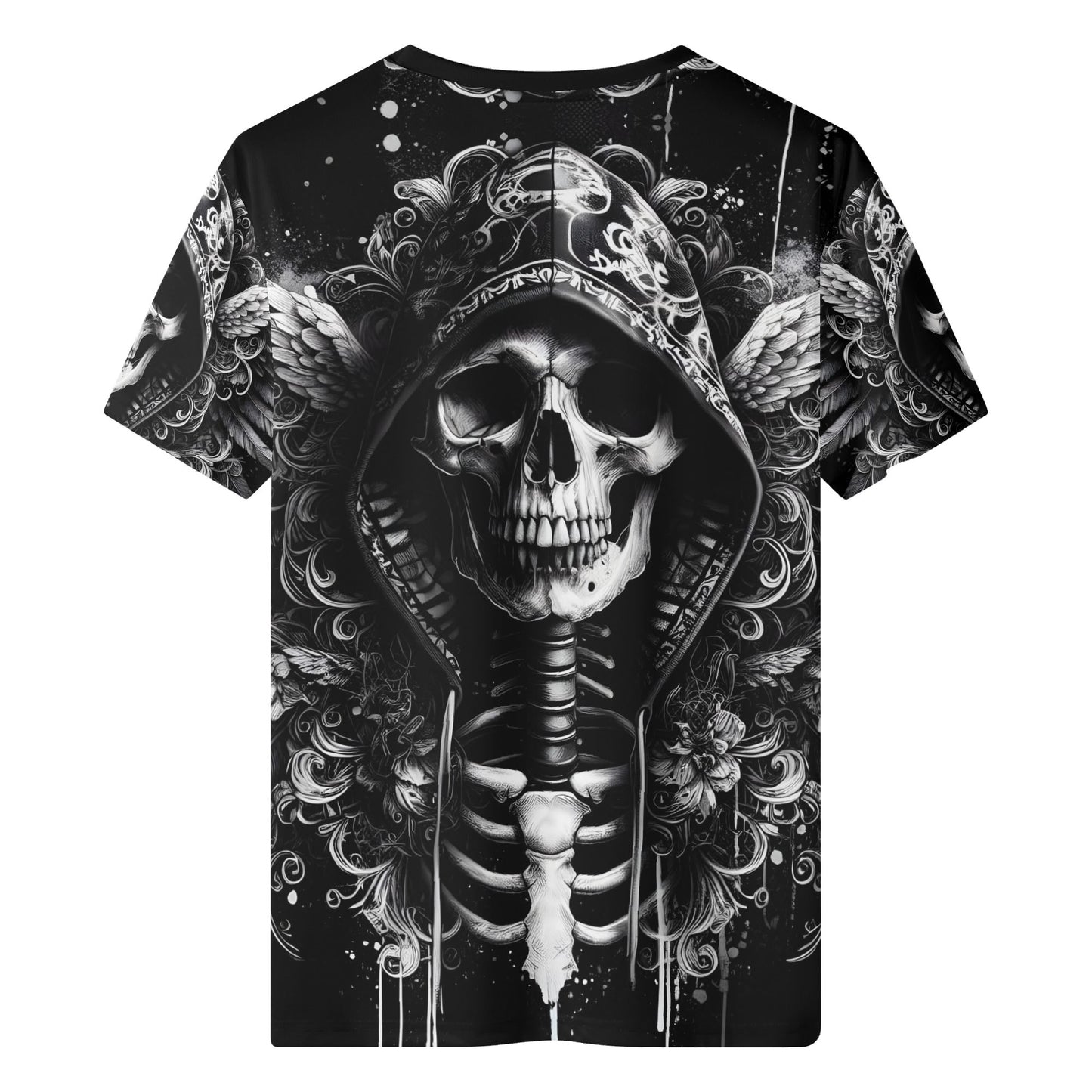 Loud and Lethal Hooded Fury 100 Cotton T-Shirt featuring a detailed black and white skeleton with a hood design