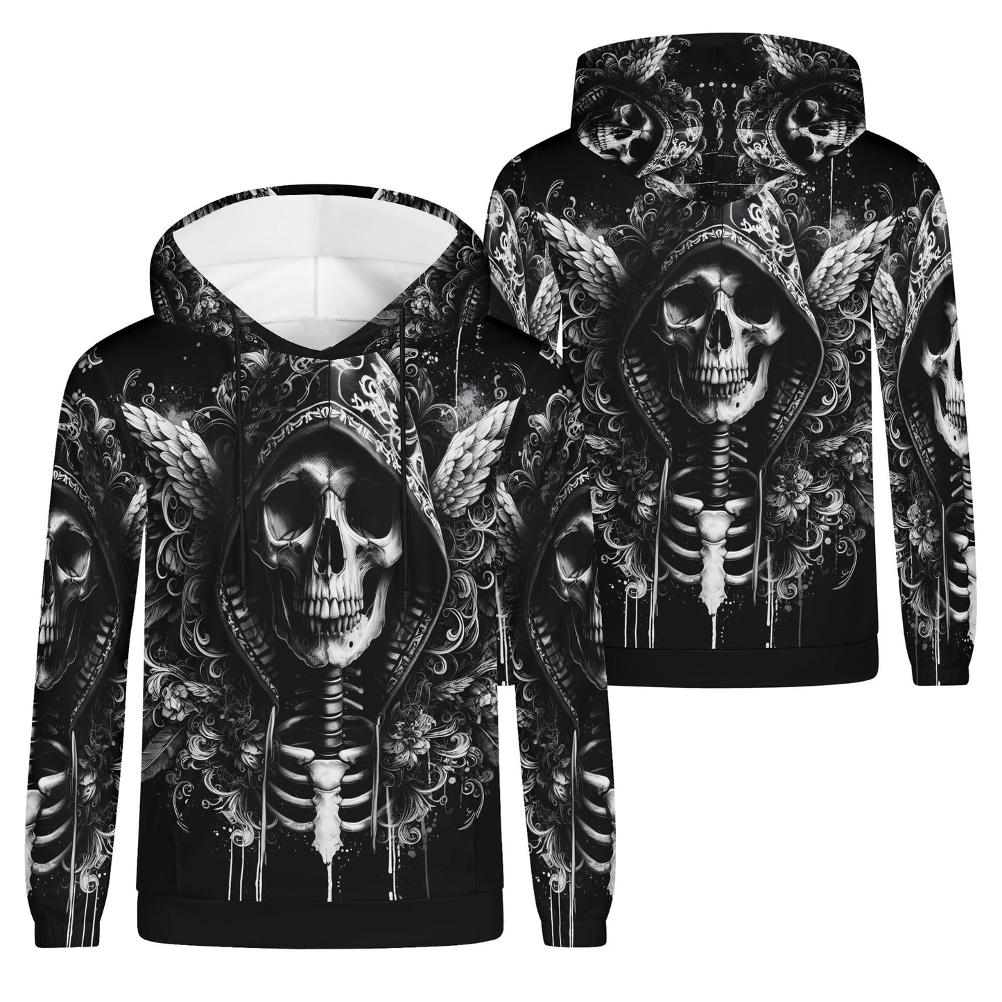 Loud and Lethal Hooded Fury Cotton Terry hoodie with black skull skeleton design on front and back