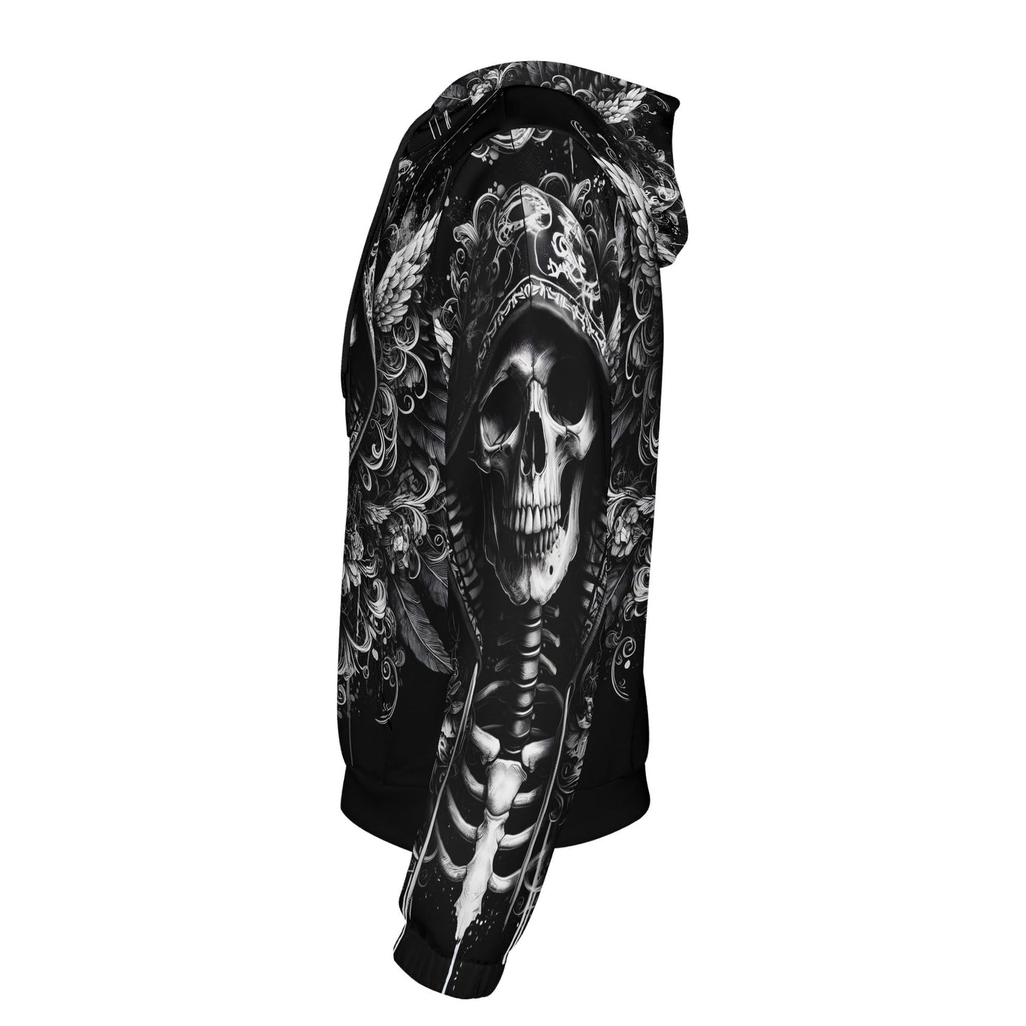Side view of Loud and Lethal Hooded Fury Cotton Terry hoodie featuring detailed black and white skull design