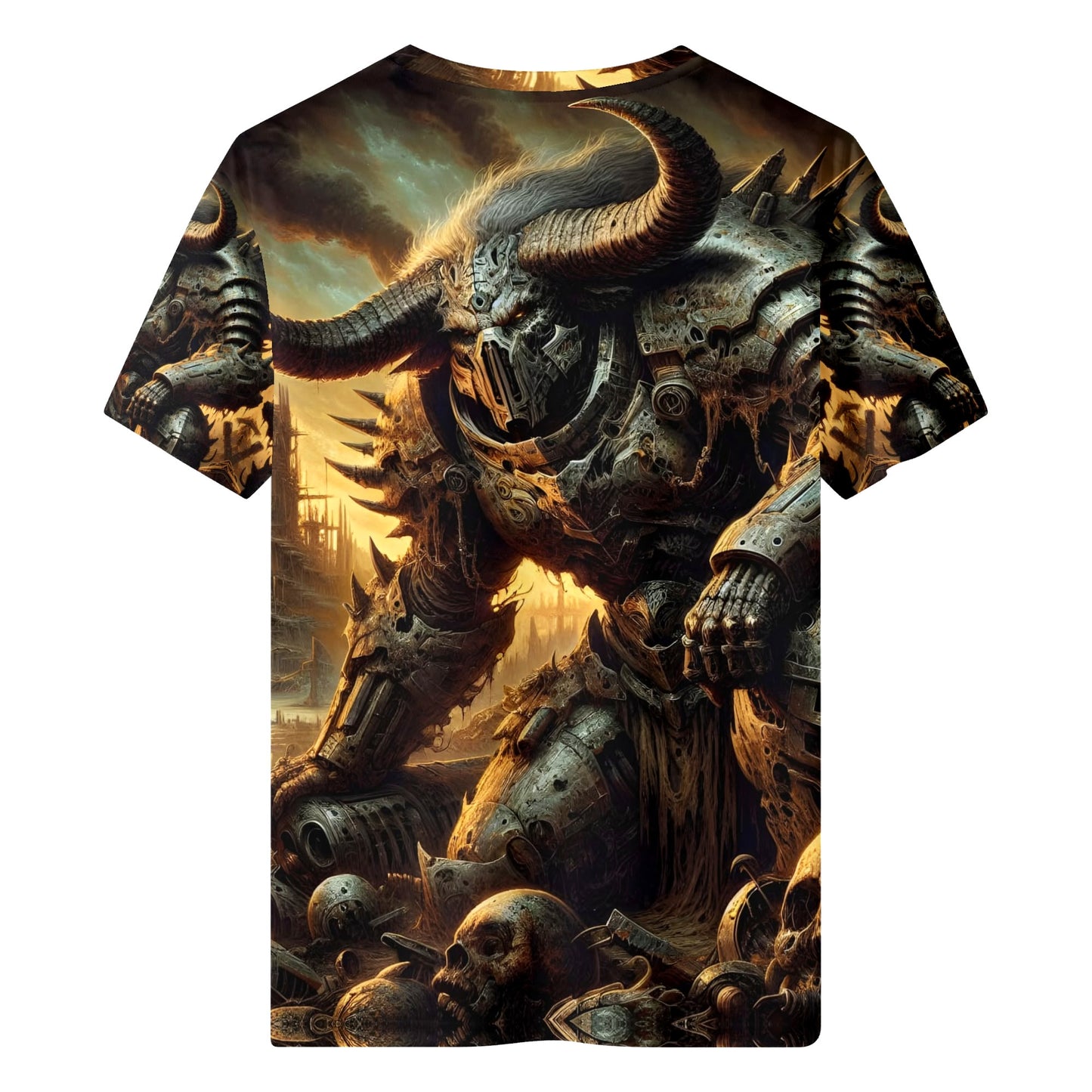 Horns of the Apocalypse 100% Cotton T-Shirt featuring a detailed armored horned warrior design