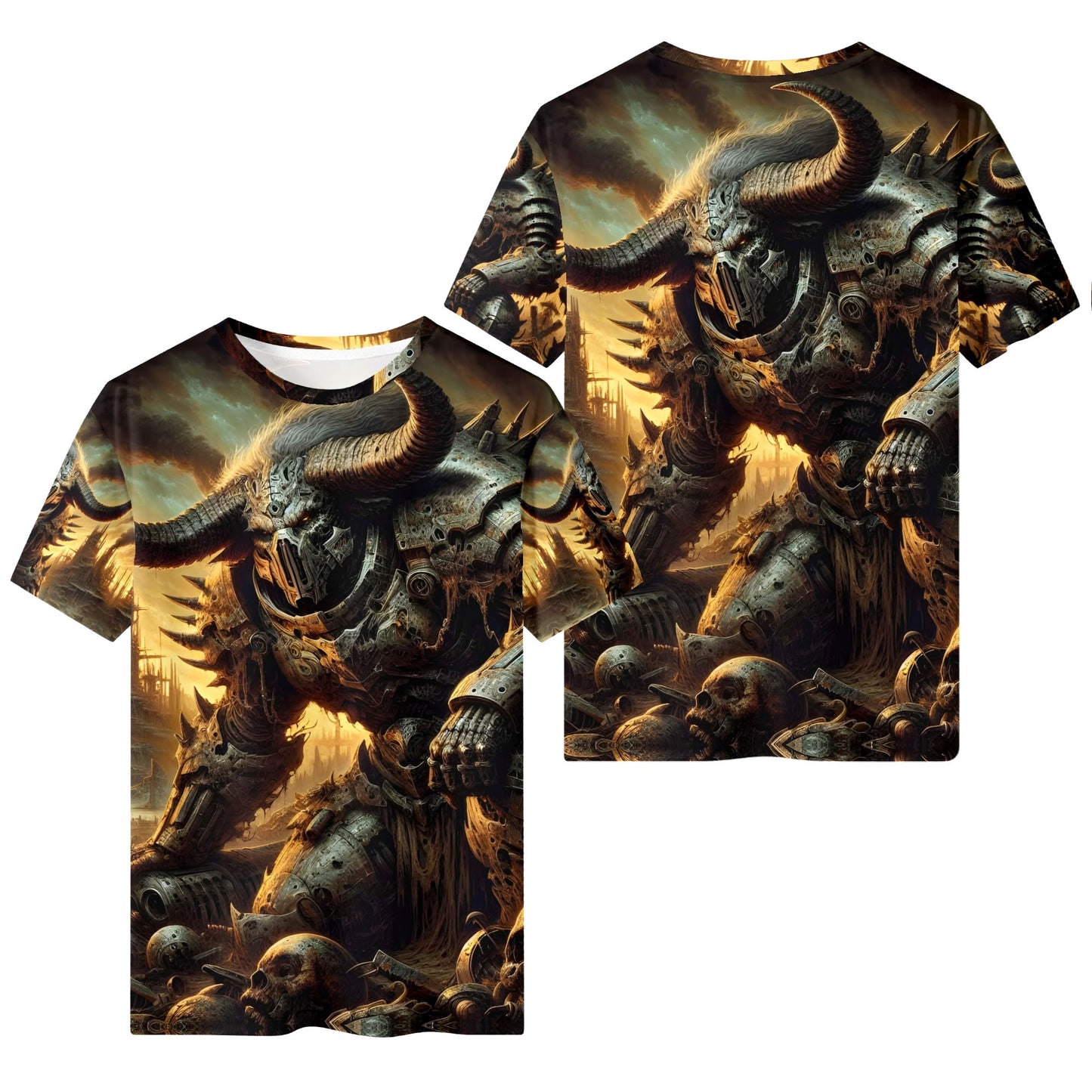 Horns of the Apocalypse 100% Cotton T-Shirt featuring a dark armored horned warrior in a dramatic apocalyptic scene