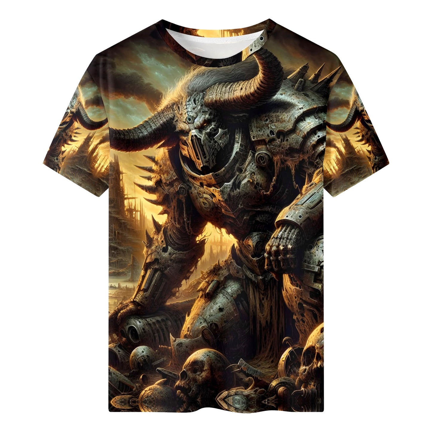 Loud and Lethal Horns of the Apocalypse 100% Cotton T-Shirt featuring dark armored horned warrior design