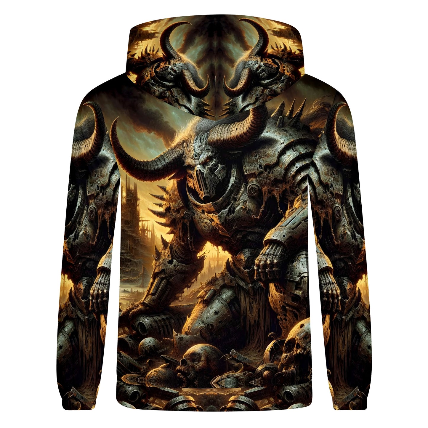 Horns of the Apocalypse Cotton Terry hoodie featuring a dark armored horned warrior with skulls in a post-apocalyptic scene