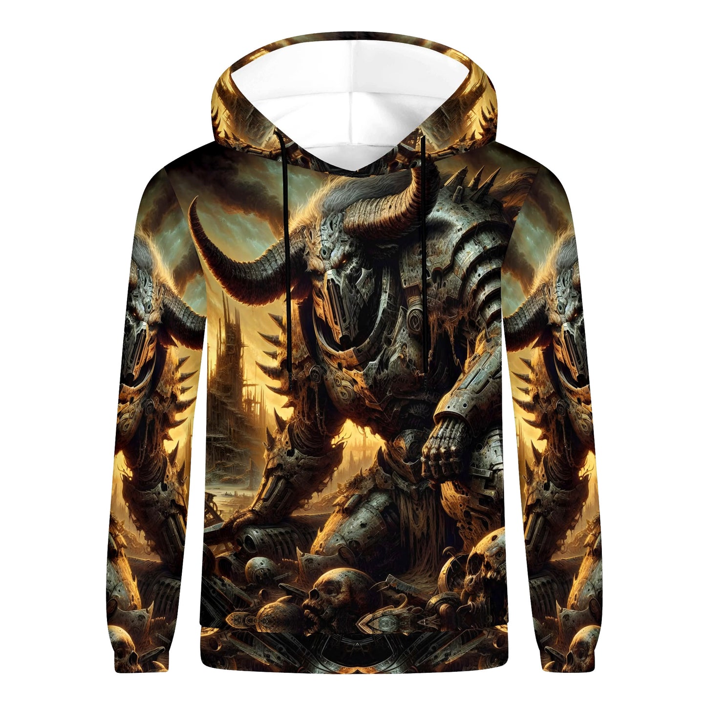 Horns of the Apocalypse Cotton Terry hoodie by Loud and Lethal featuring a detailed armored demon with horns in a dark fiery background