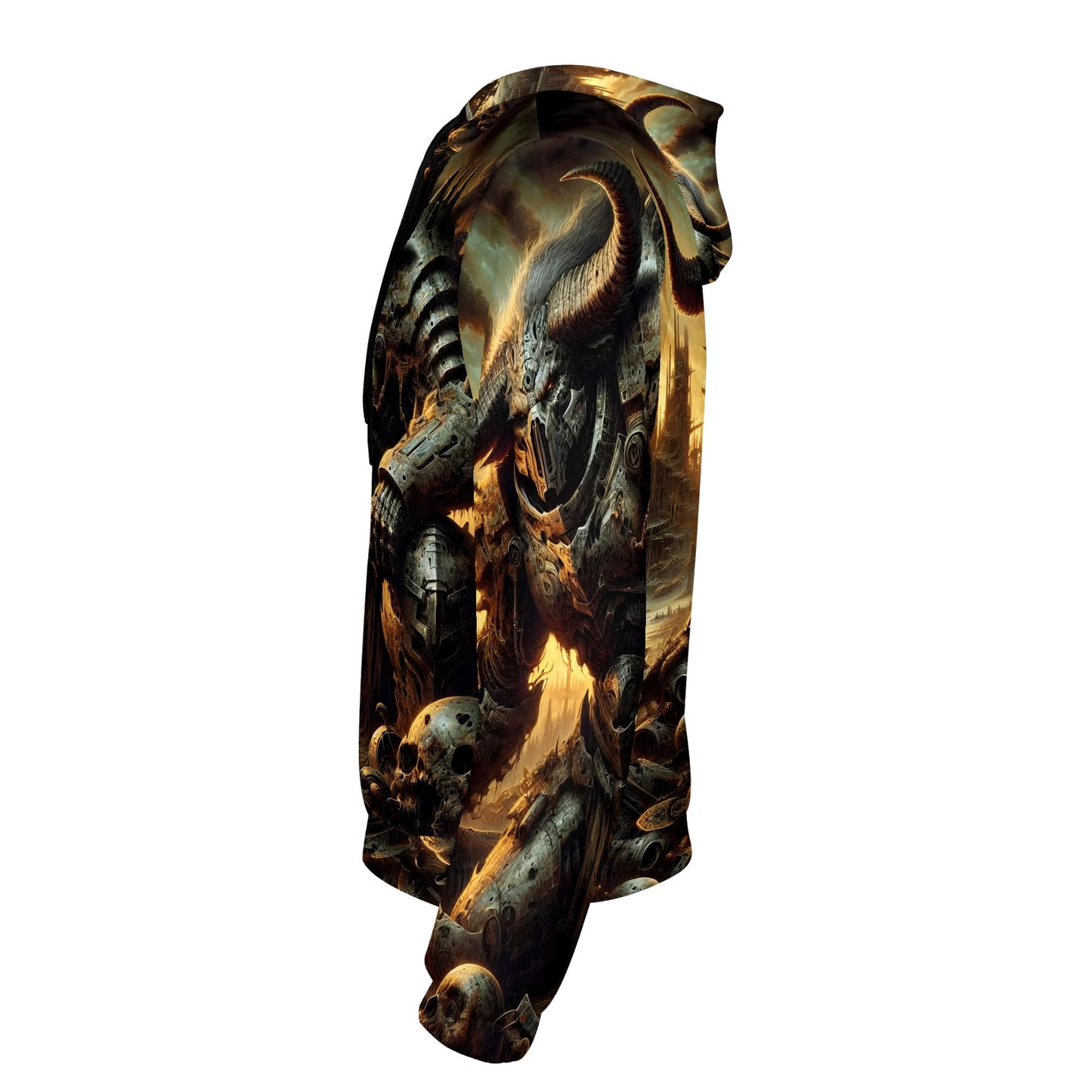 Loud and Lethal Horns of the Apocalypse Cotton Terry hoodie with dark apocalyptic horned skull design