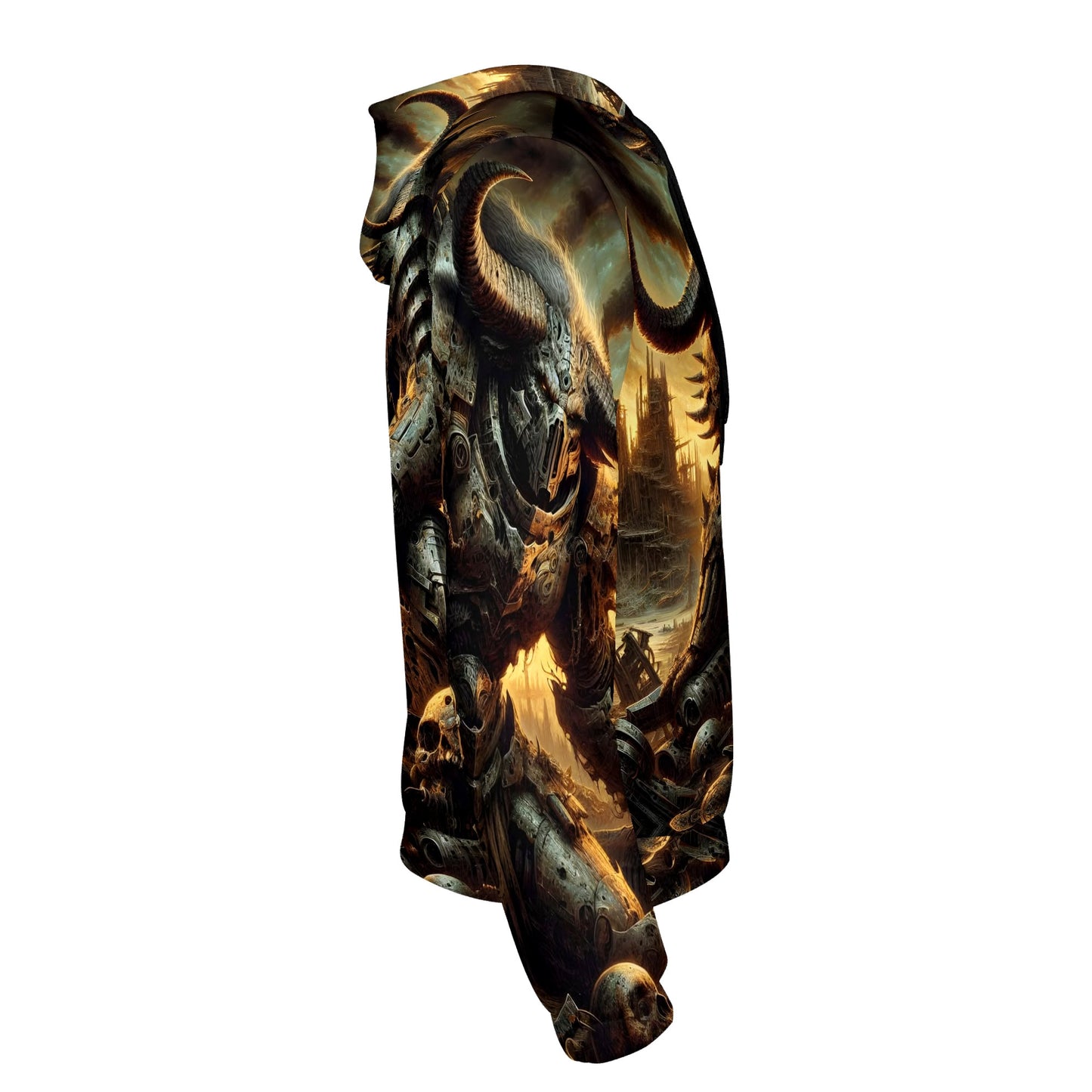 Loud and Lethal Horns of the Apocalypse Cotton Terry hoodie featuring dark fantasy armored demon design