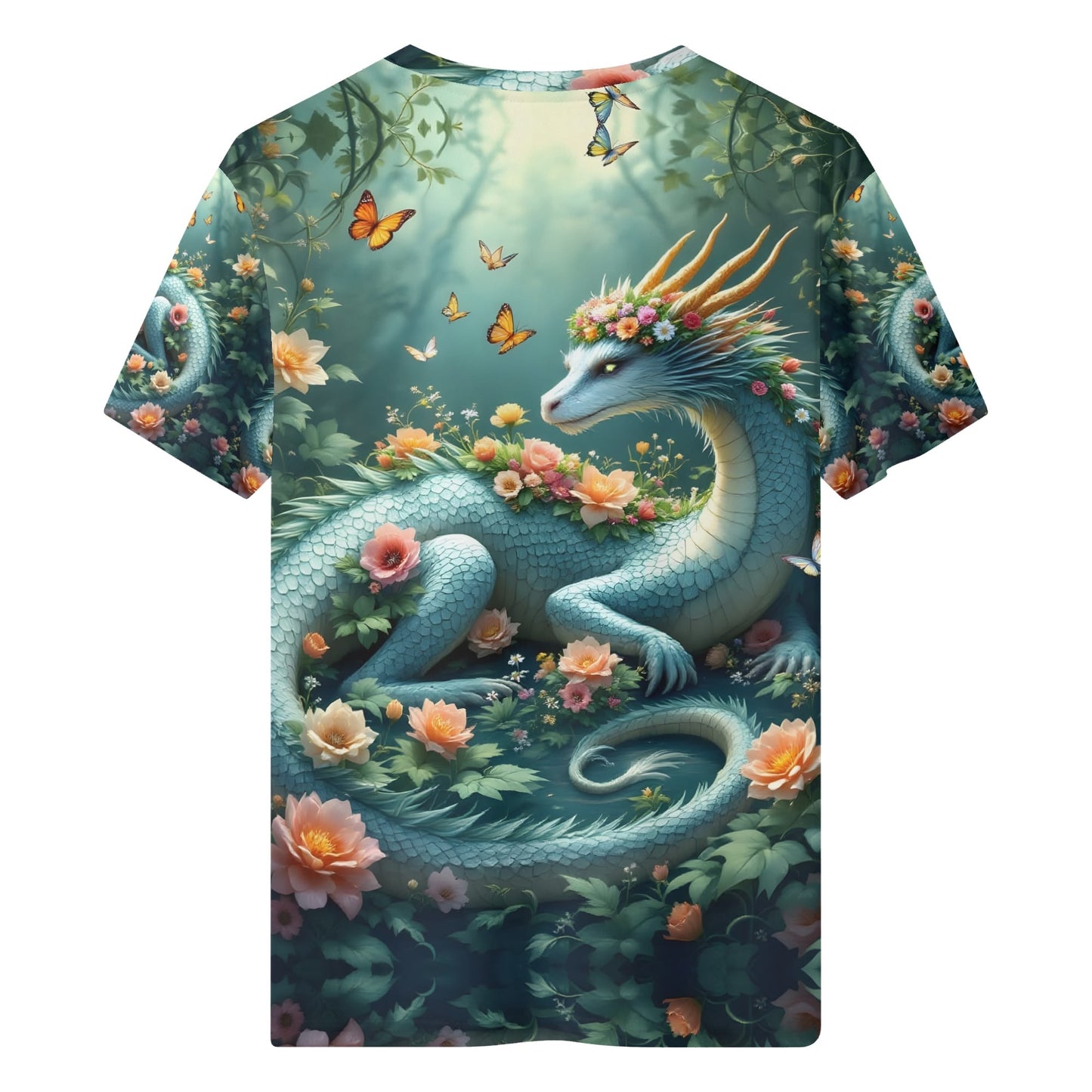 In The Shade of Magic Organic Cotton Kids T-Shirt featuring a dragon with flowers and butterflies in a magical forest design