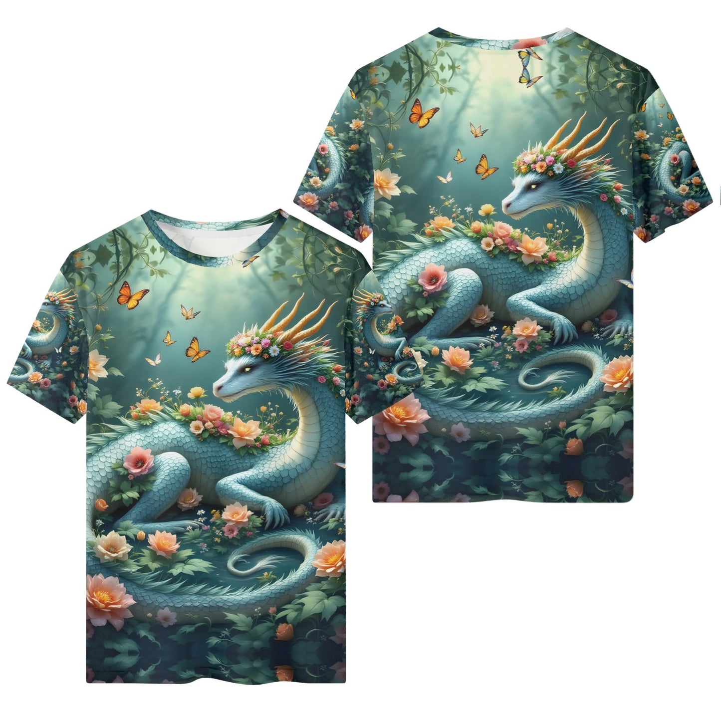In The Shade of Magic Organic Cotton Kids T-Shirt featuring a fantasy dragon with flowers and butterflies