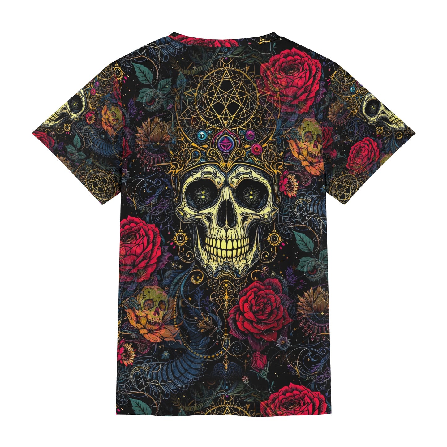 Infernal Bloom Lycra T-Shirt by Loud and Lethal featuring a skull and red roses design on black background