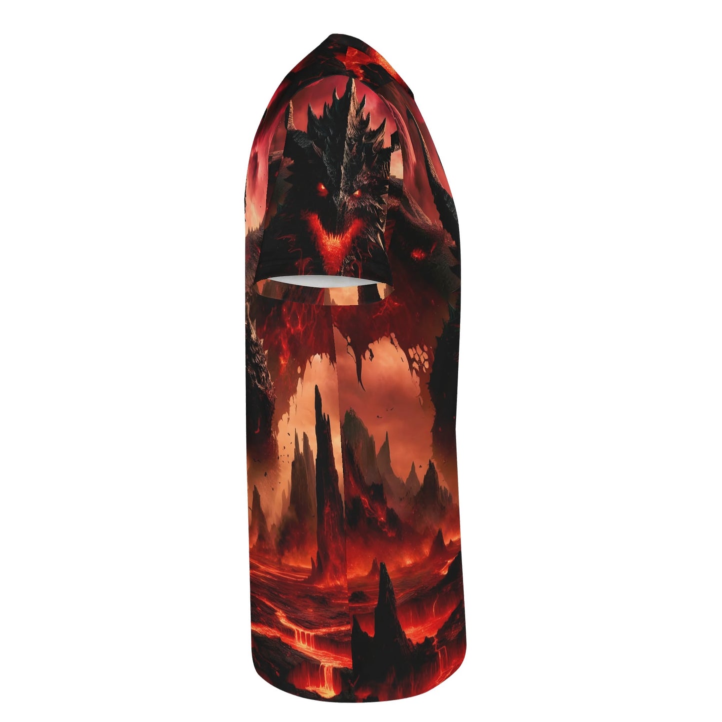 Side view of Loud and Lethal Infernal Dominion Lycra T-Shirt with fiery dragon and volcanic landscape design