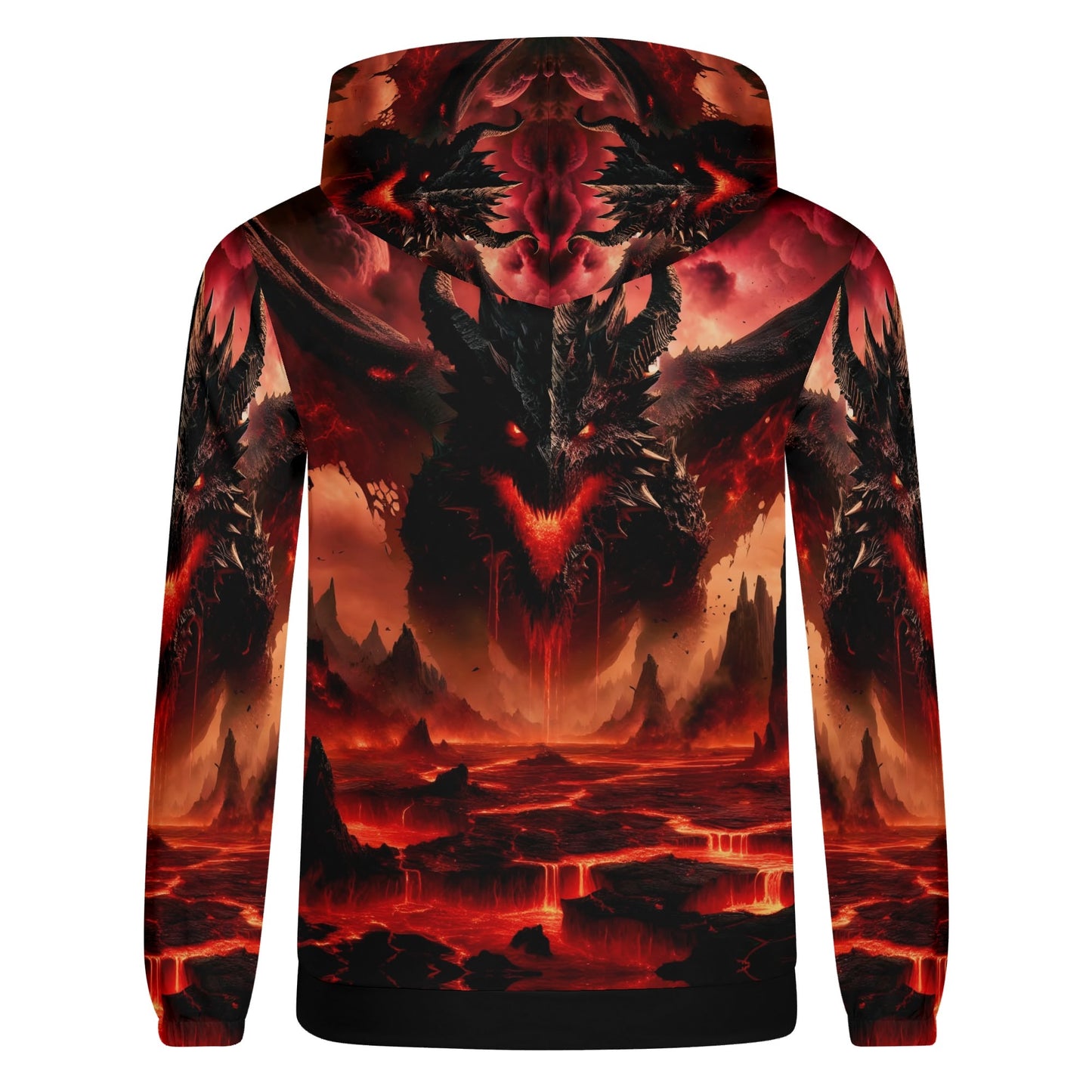 Loud and Lethal Infernal Dominion Poly French Terry hoodie with fiery dragon and lava landscape design