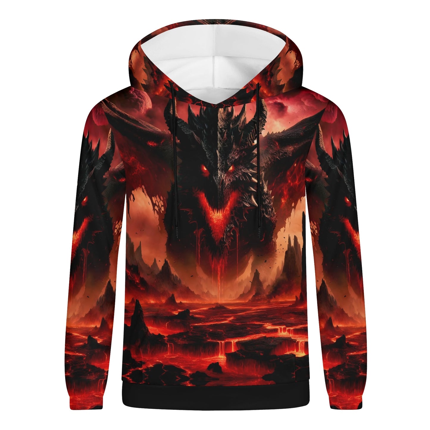 Unisex Infernal Dominion Poly French Terry hoodie featuring a fiery dragon design with lava landscape