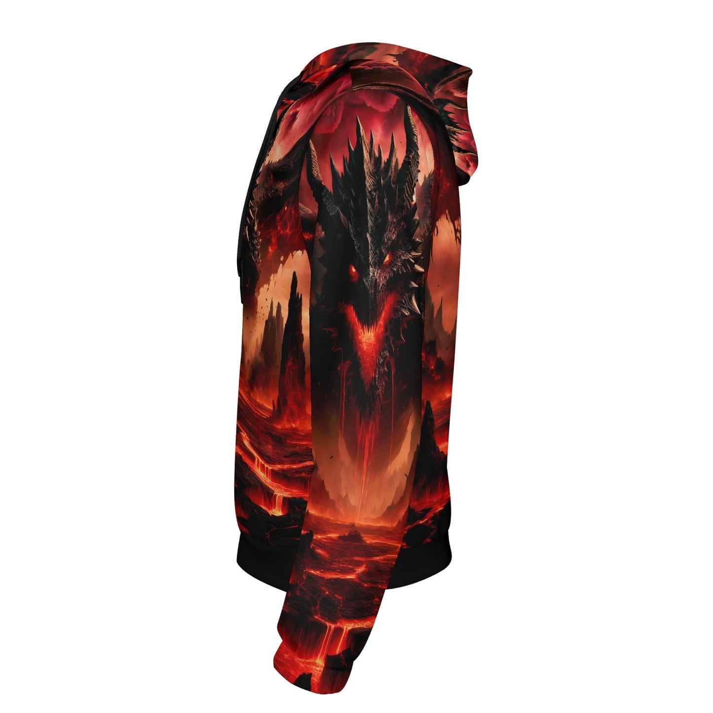 Side view of Infernal Dominion Poly French Terry hoodie with fiery dragon design in red and black colors