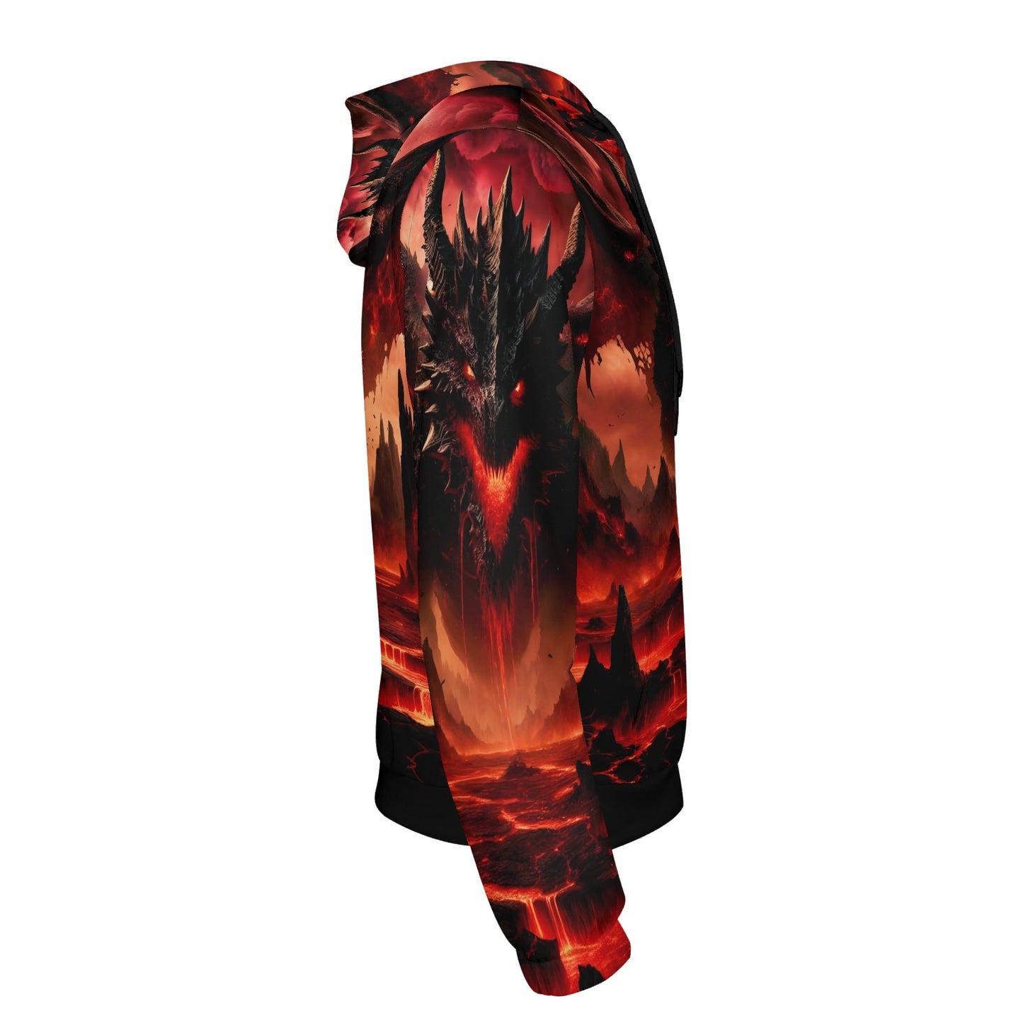 Infernal Dominion Poly French Terry hoodie by Loud and Lethal with fiery dragon design in red and black tones