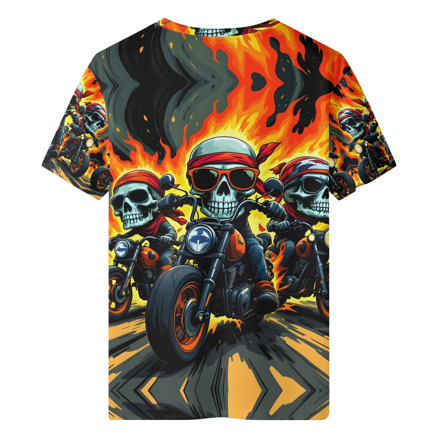 Inferno Roadsters Organic Cotton Kids T-Shirt featuring flaming skull bikers on motorcycles graphic