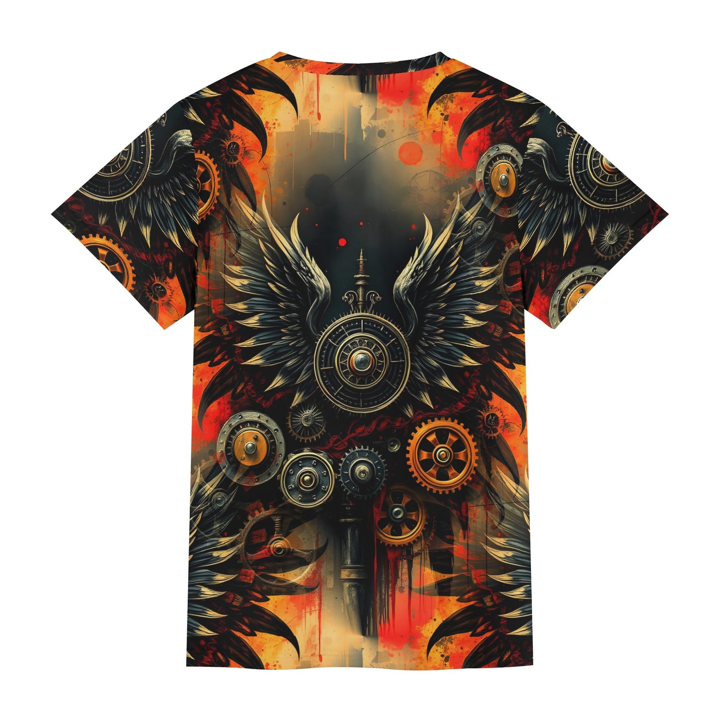 Loud and Lethal Iron and Wings Lycra T-Shirt with mechanical gear and wing design in orange and black