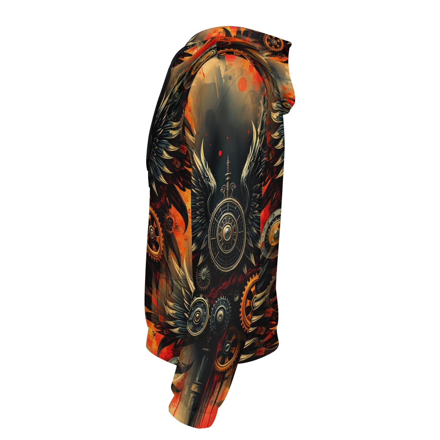 Loud and Lethal Iron and Wings Poly French Terry hoodie with steampunk wing and gear design