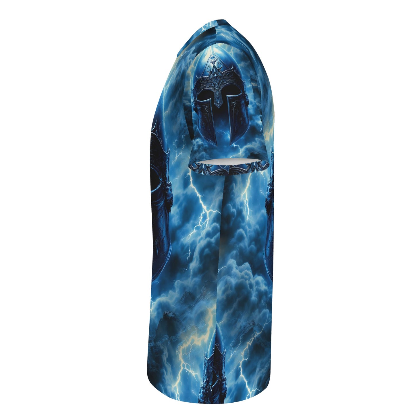 Loud and Lethal Iron Tempest Lycra T-Shirt with stormy blue lightning and medieval helmet design