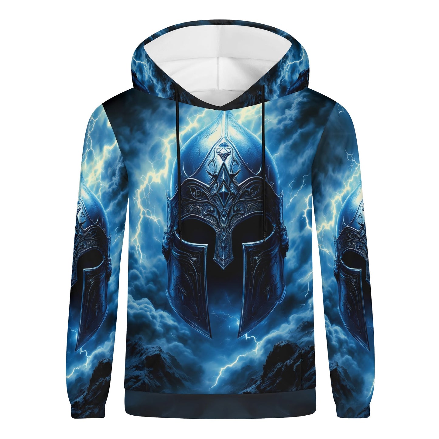 Unisex Iron Tempest Poly French Terry hoodie by Loud and Lethal featuring a blue armored helmet design with lightning storm