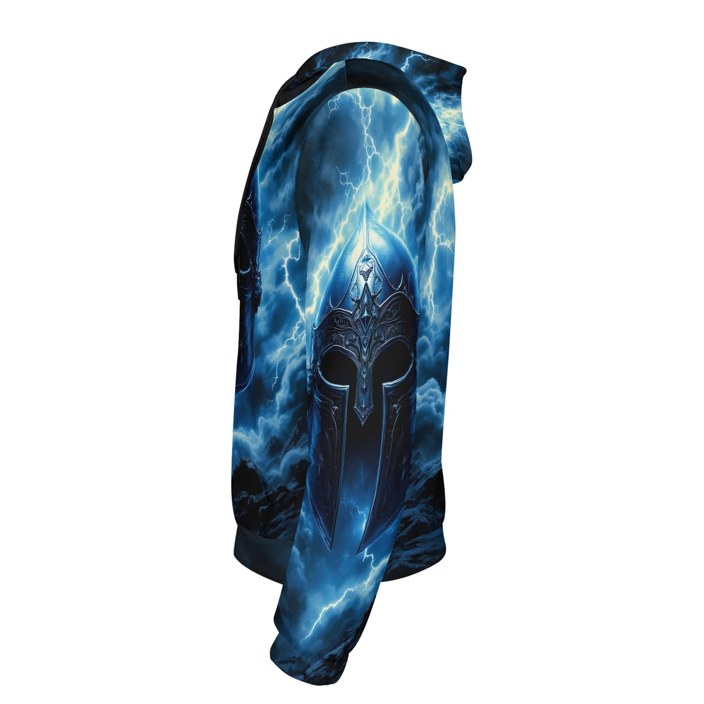 Side view of Loud and Lethal Iron Tempest Poly French Terry hoodie with blue lightning and warrior helmet design