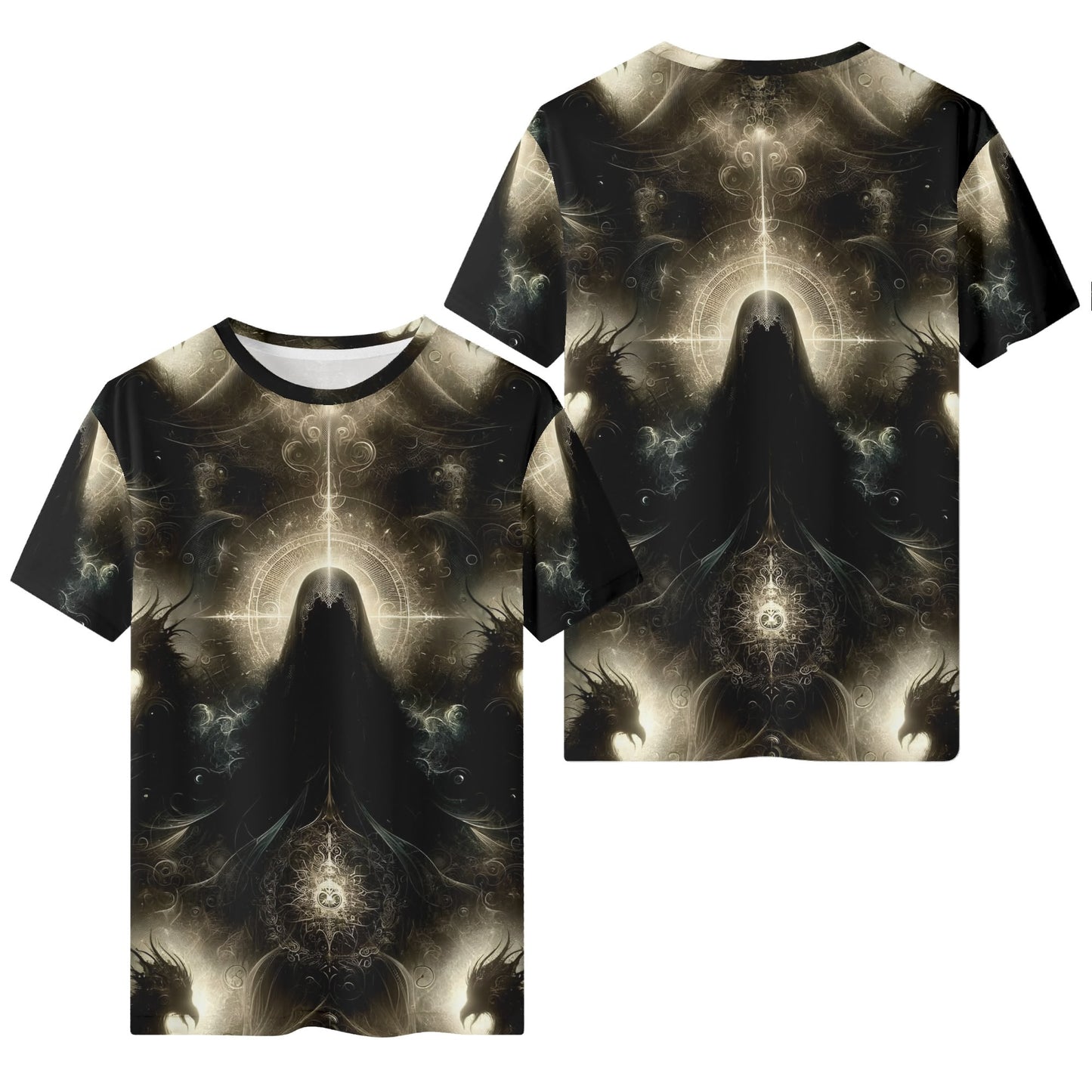 Keeper of the Obsidian Wings Lycra T-Shirt unisex with dark mystical winged figure and intricate glowing design