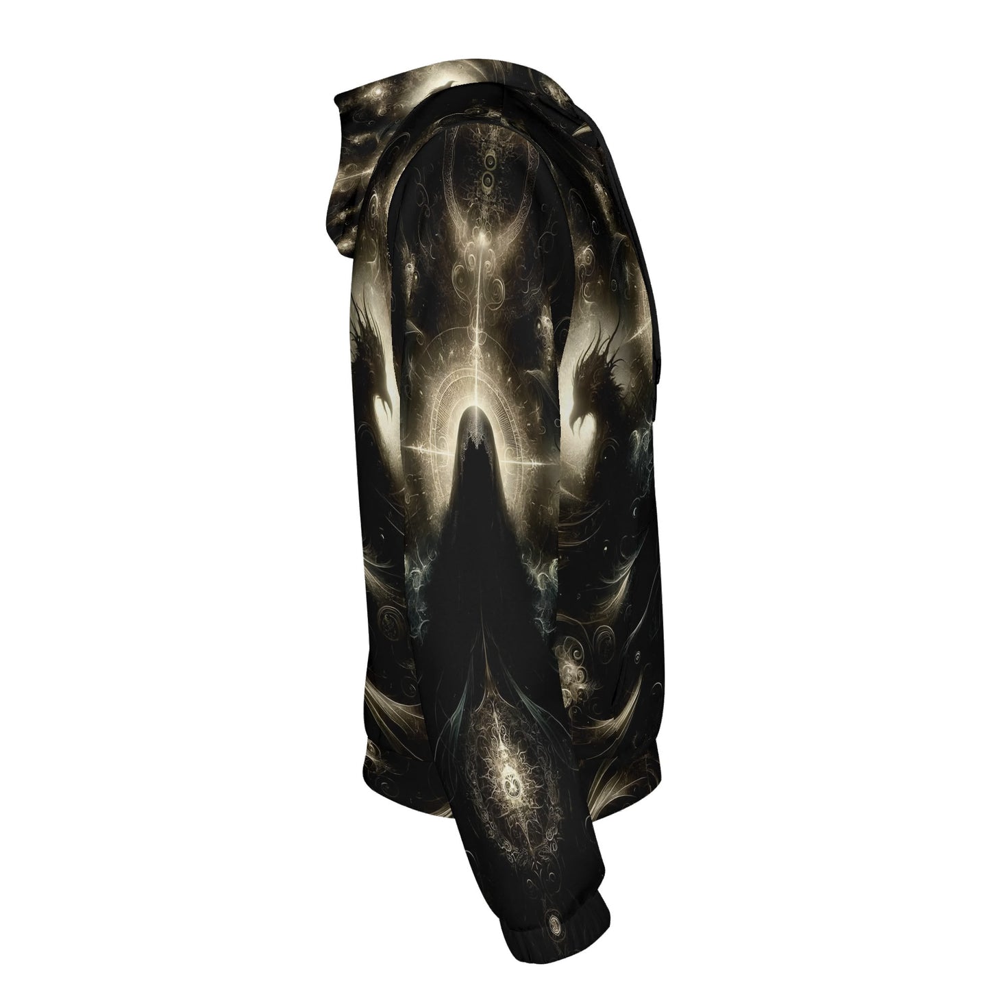 Side view of Keeper of the Obsidian Wings Poly French Terry hoodie by Loud and Lethal with dark mystical design