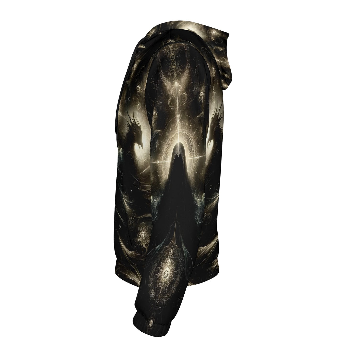 Side view of Keeper of the Obsidian Wings Poly French Terry hoodie with dark mystical design