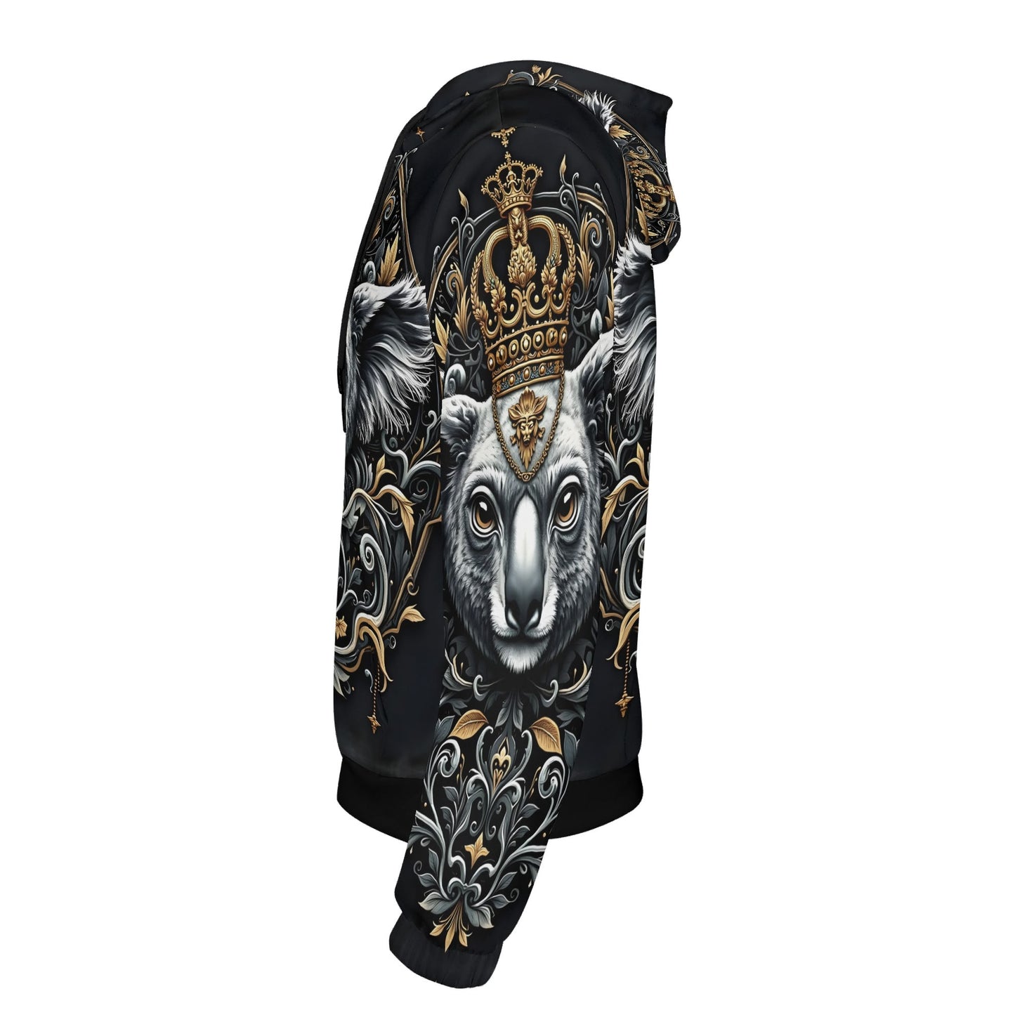 Koala Royalty Poly French Terry Hoodie Limited Edition black unisex hoodie with gold crowned koala and ornate baroque print