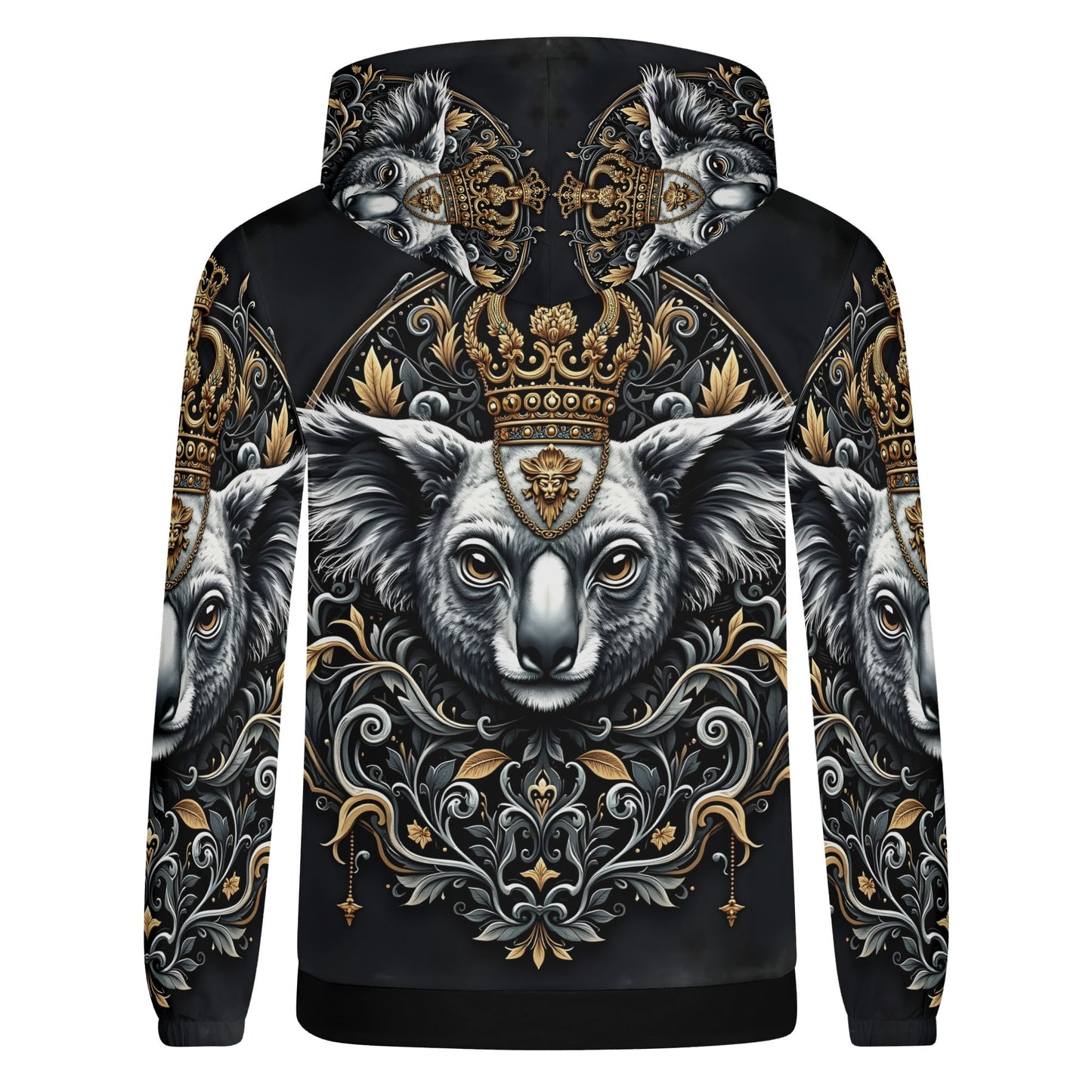 Loud and Lethal unisex hoodie back with crowned koala and gold filigree Koala Royalty Poly French Terry Hoodie Limited Edition