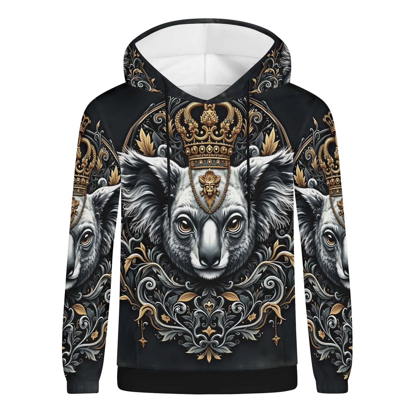 Loud and Lethal unisex black hoodie with ornate gold crowned koala print Koala Royalty Poly French Terry Hoodie Limited Edition