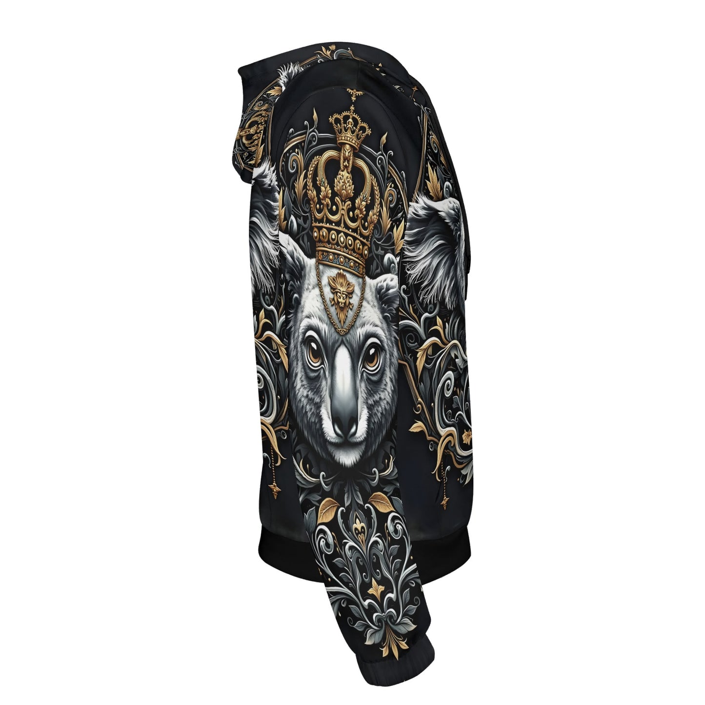 Koala Royalty Poly French Terry Hoodie Limited Edition unisex black hoodie with gold crowned koala and ornate baroque design