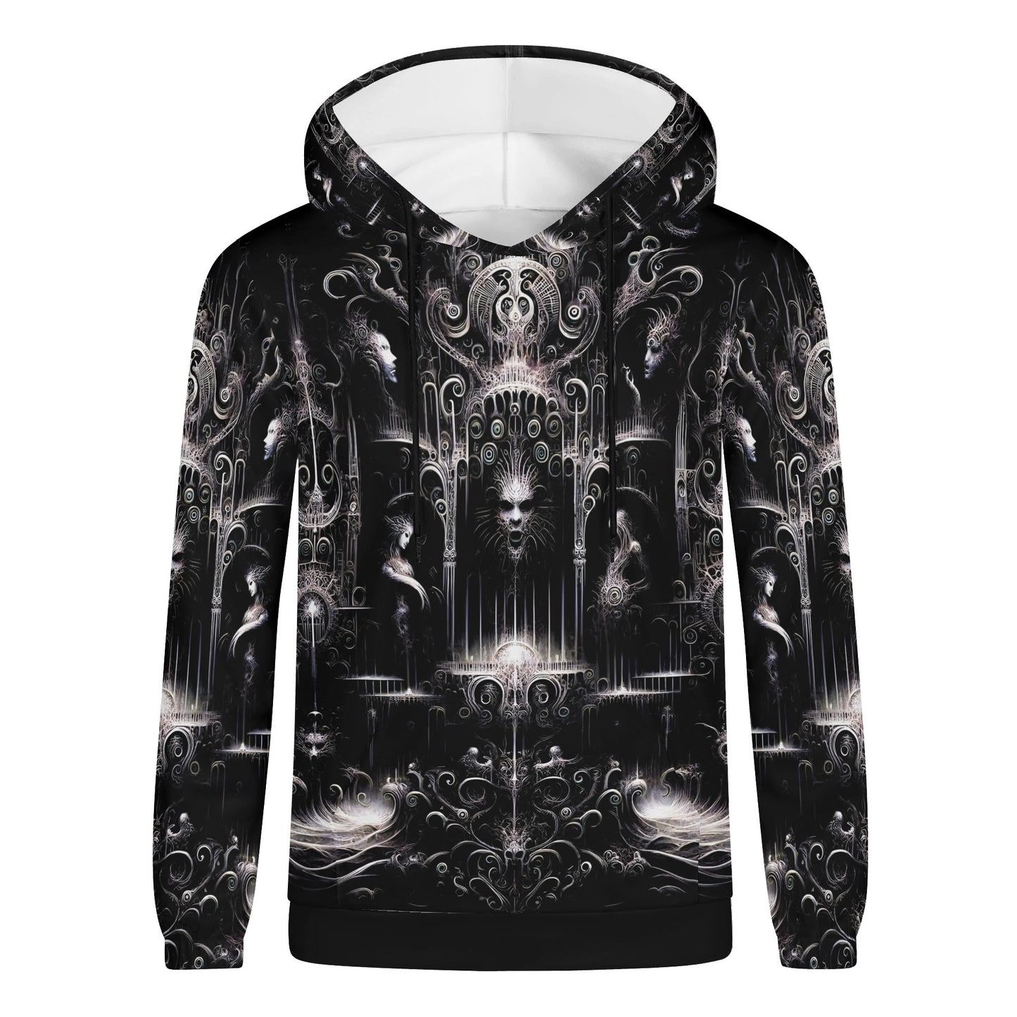 Unisex Labyrinth of Souls Cotton Terry Hoodie by Loud and Lethal in black with intricate mystical design
