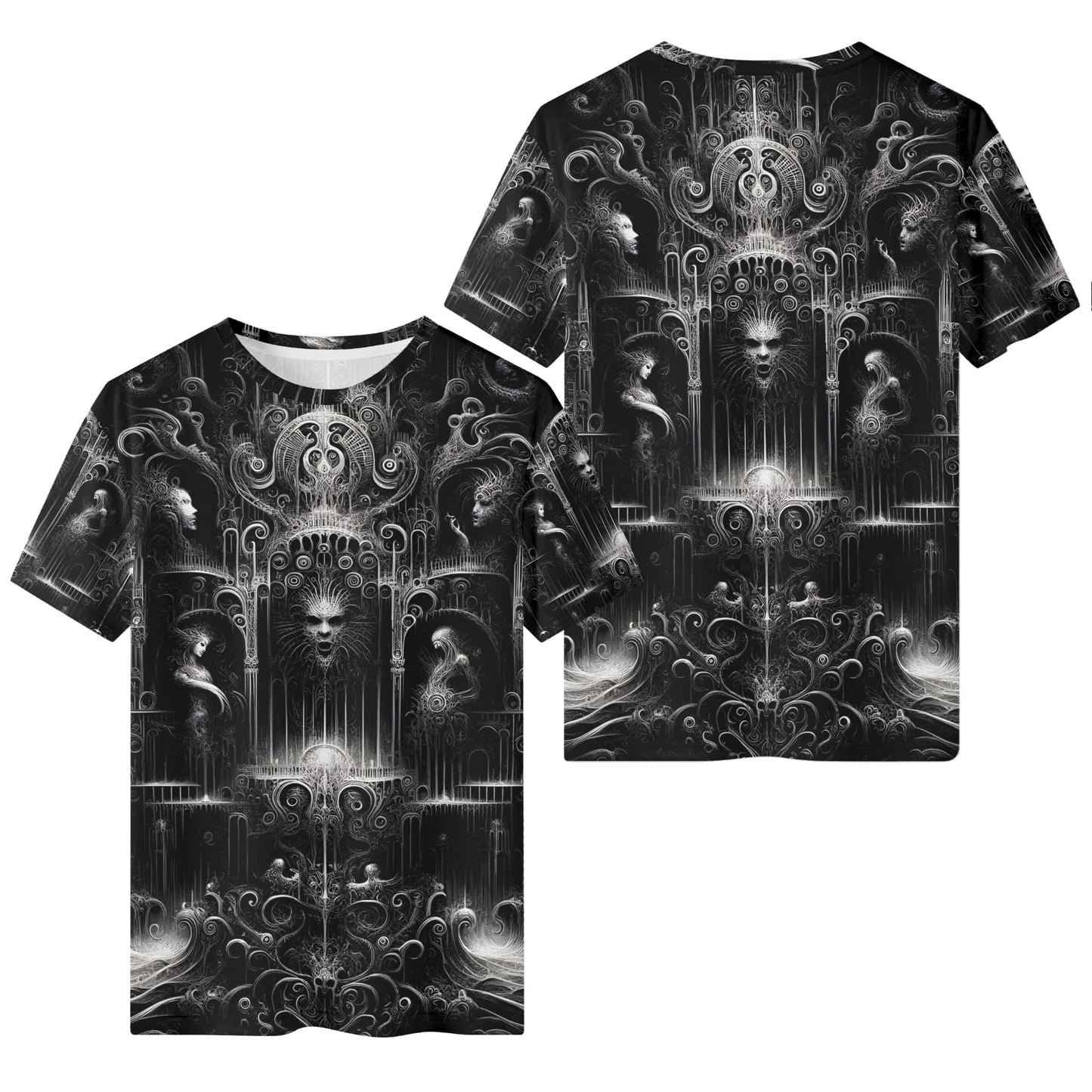 Labyrinth of Souls Lycra T-Shirt by Loud and Lethal unisex black graphic tee with intricate dark surreal design