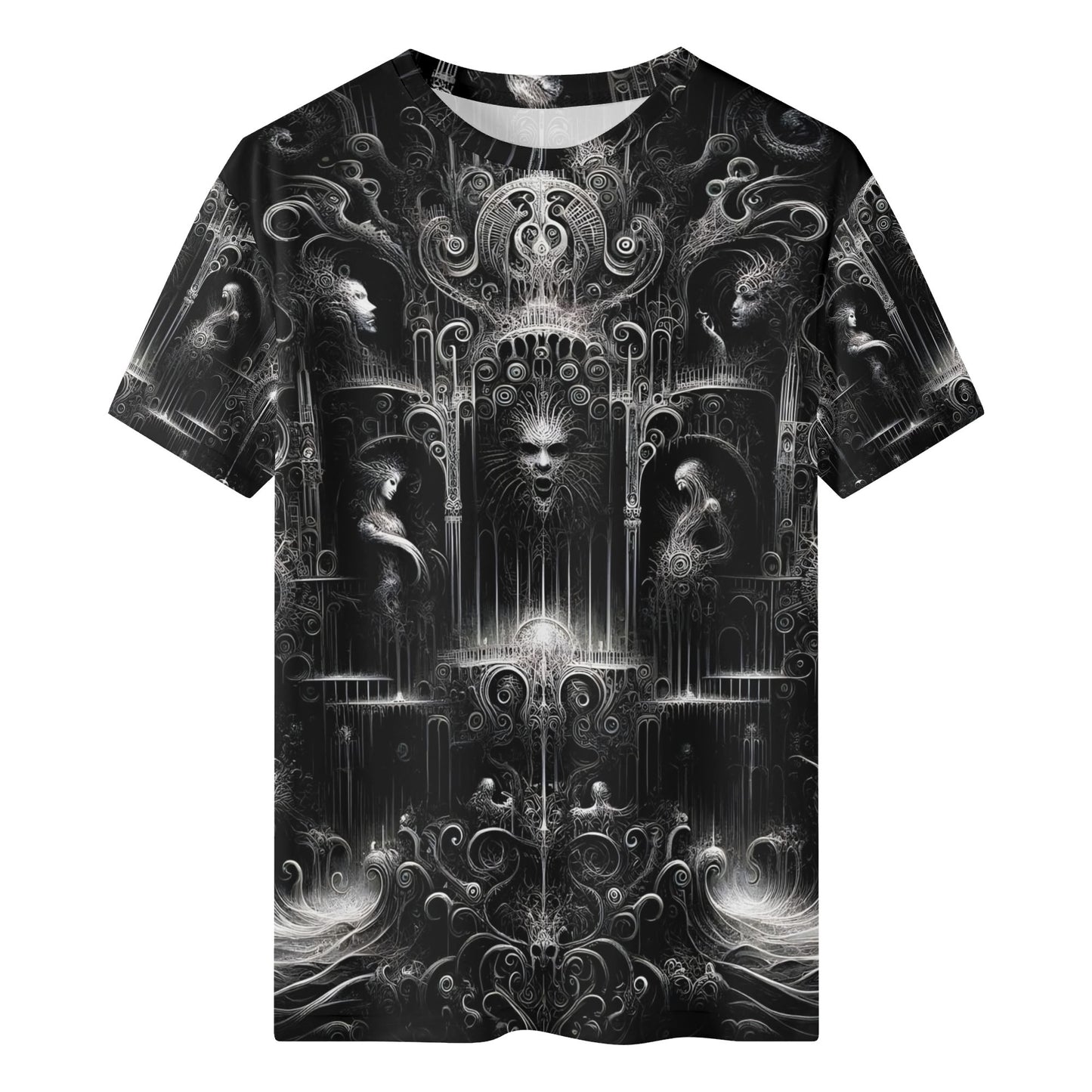 Labyrinth of Souls Lycra T-Shirt by Loud and Lethal with intricate dark gothic design in black and white