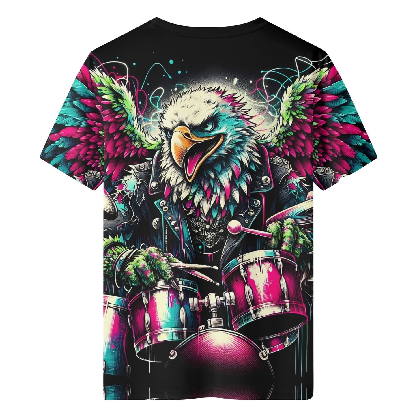 Leather and Feathers Org Cotton Kids T-Shirt featuring colorful eagle playing drums graphic